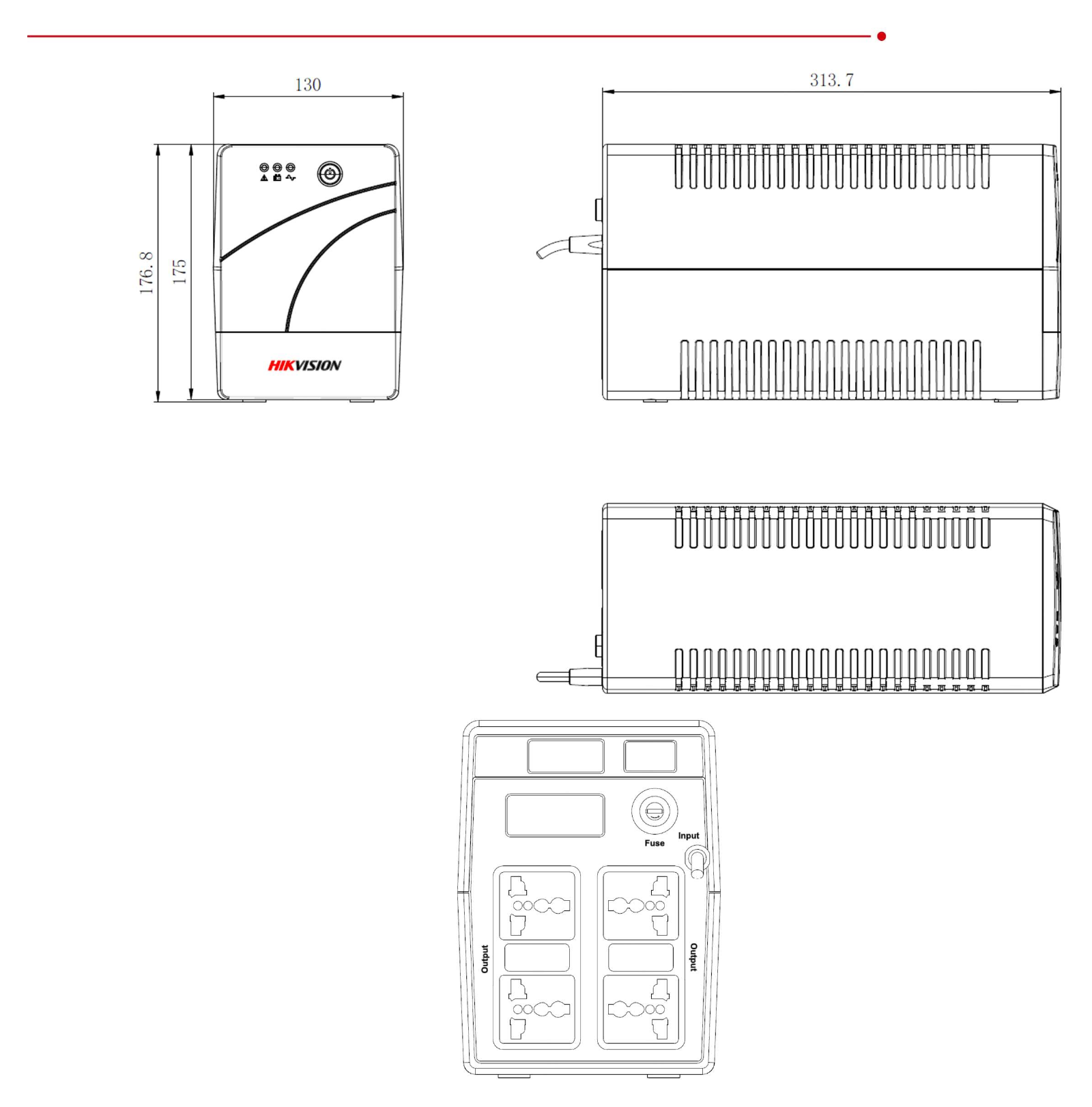DS-UPS1200-R 外形尺寸圖 313.7 mm × 130 mm × 176.8 mm (12.35" × 5.12" × 6.96")｜重量 8.4kg｜Unit: mm