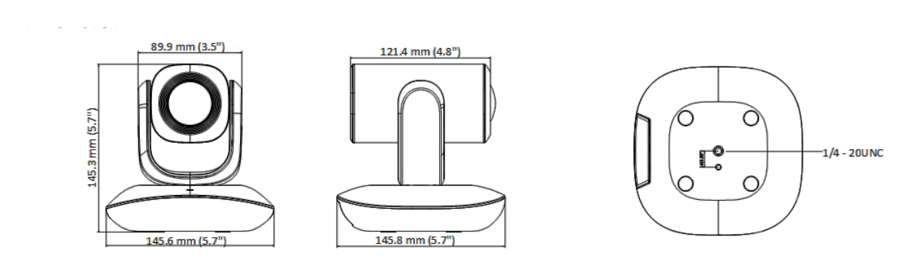 DS-UVC-P18 外形尺寸圖 145.3 mm × 145.6 mm × 145.8 mm (5.7" × 5.7" × 5.7")｜重量 Approx. 960 g (2.12 lb.) Remote Control × 1 Power Adapter (1.2 m)