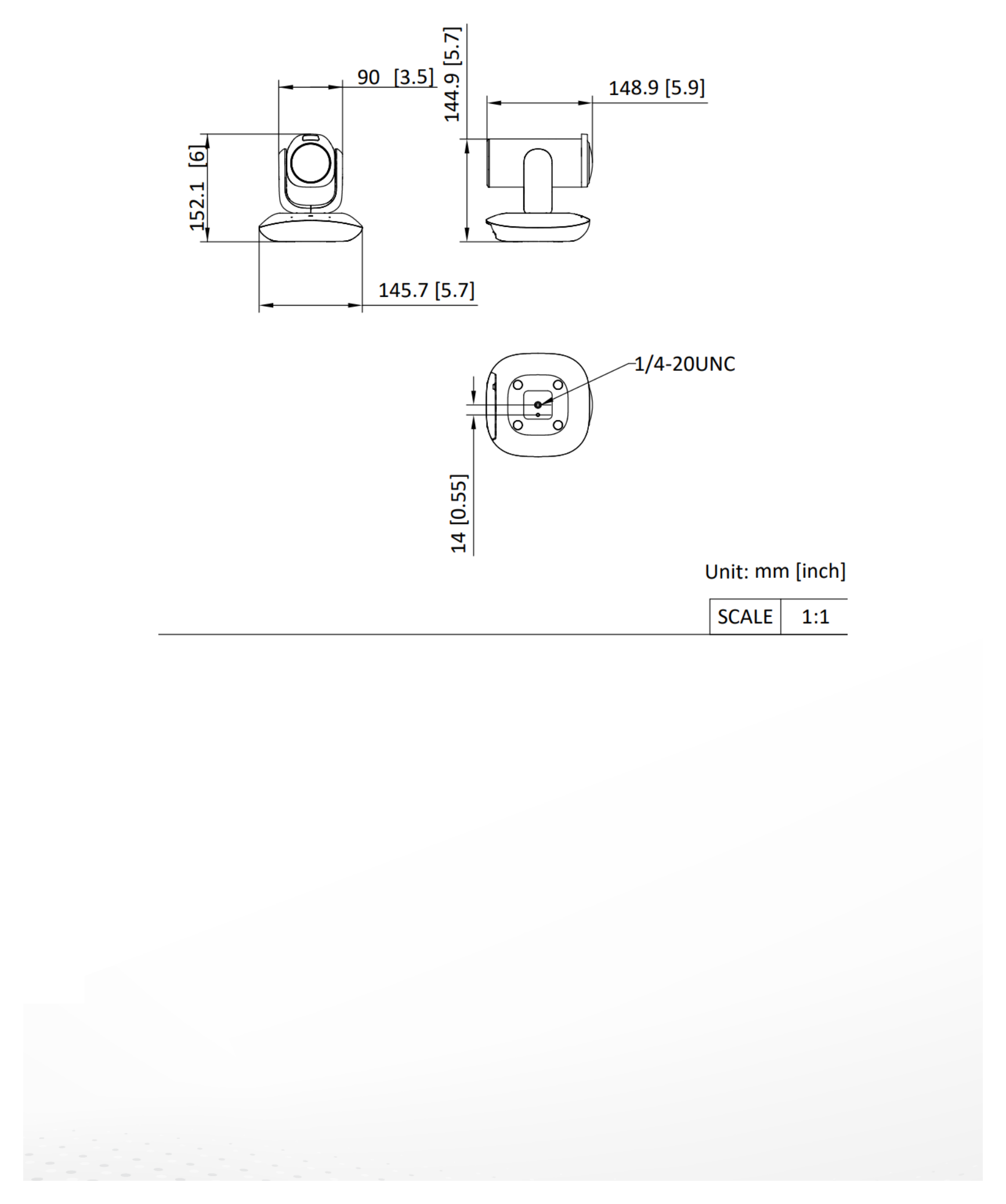 DS-UVC-P22 外形尺寸圖 148.9 mm × 145.7 mm × 152.1 mm (5.86" × 5.74" × 5.99" )｜重量 Approx. 1185 g (2.61 lb.)｜Unit: mm