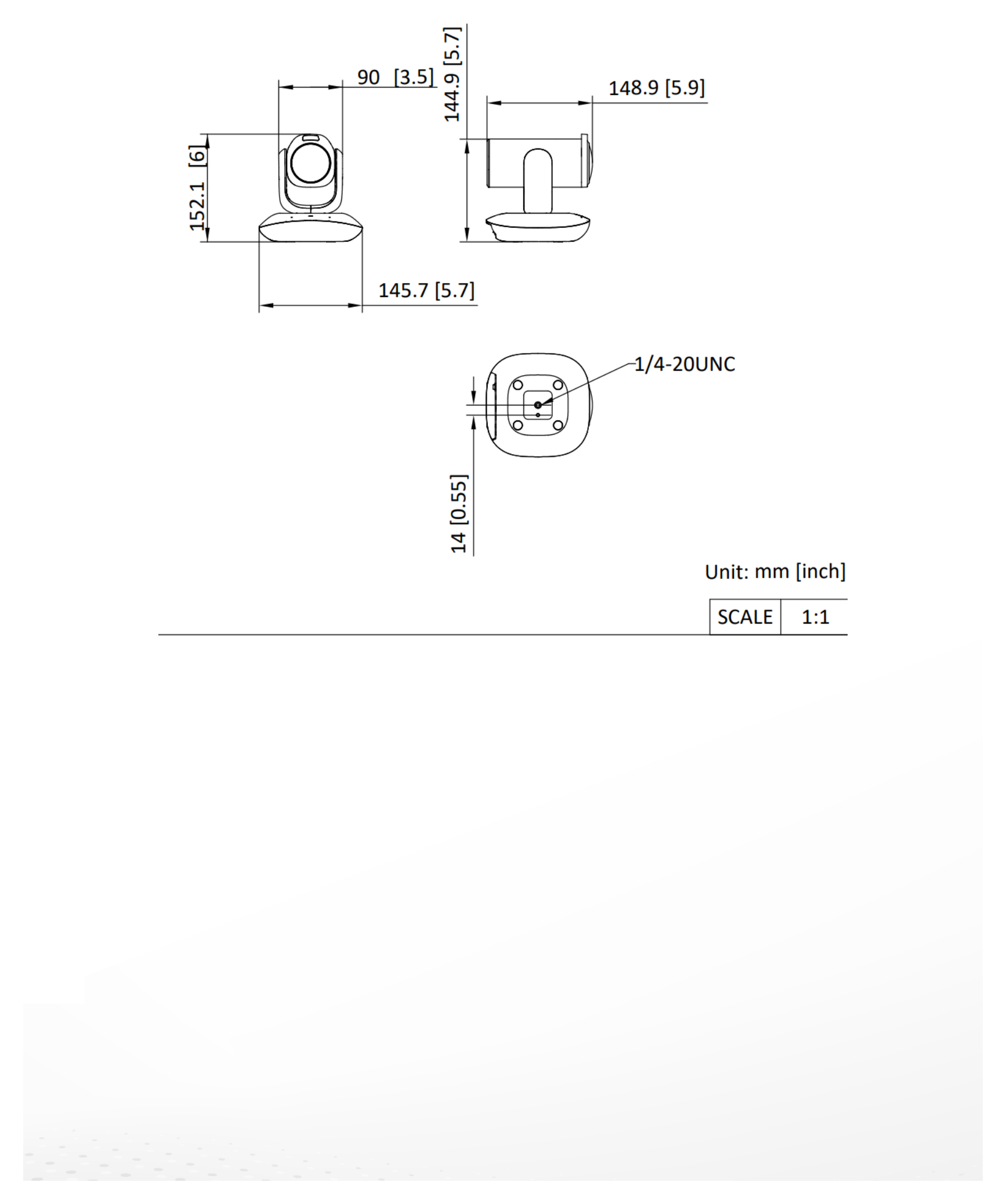 DS-UVC-P28 外形尺寸圖 148.9 mm × 145.7 mm × 152.1 mm (5.86" × 5.74" × 5.99" )｜重量 Approx. 1185 g (2.61 lb.)｜Unit: mm