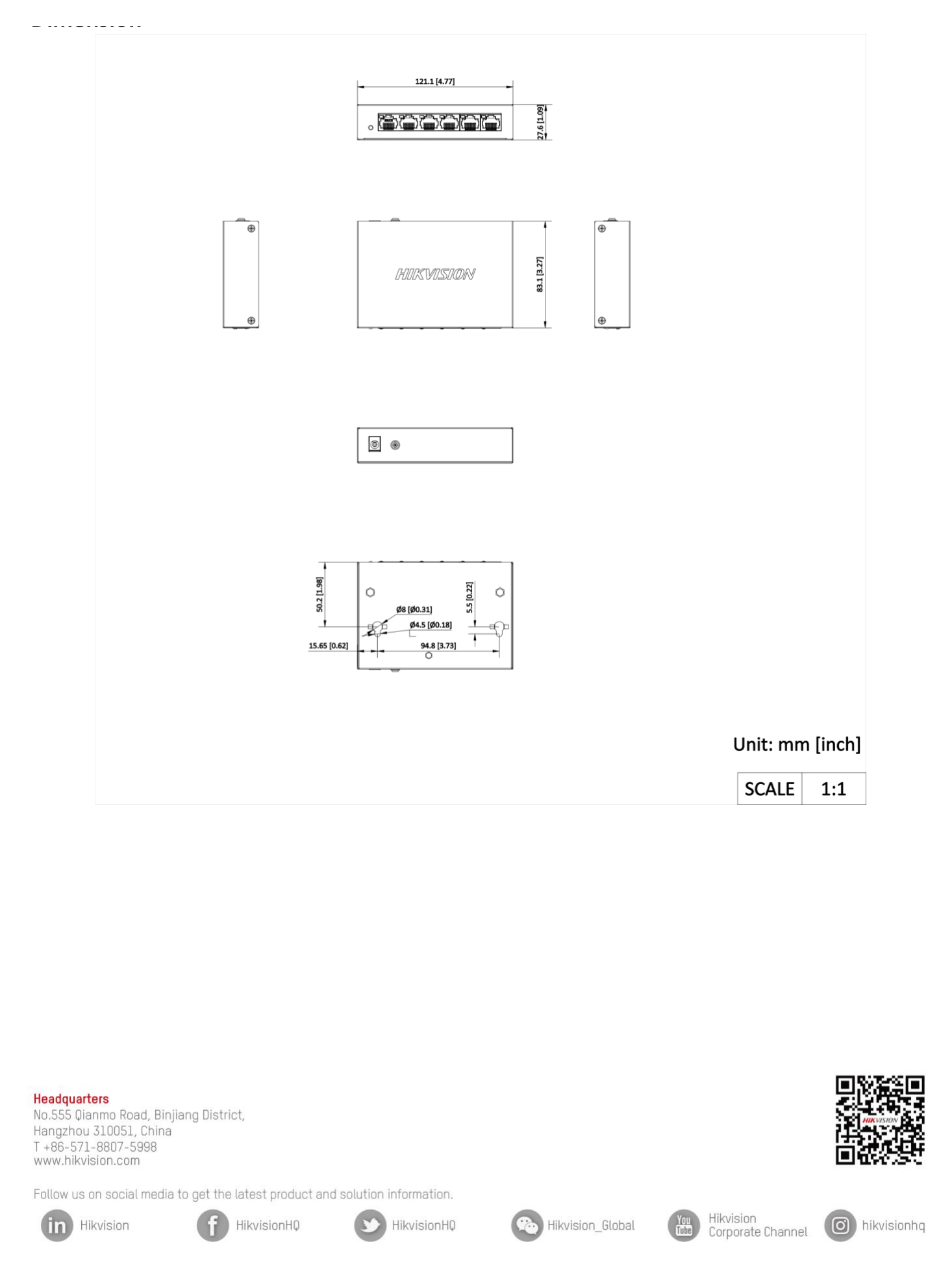 DS-XS0106-P-POLISH 外形尺寸圖 121.10 mm × 27.60 mm × 83.10 mm (4.77'' × 1.09'' × 3.27'')｜Unit: mm