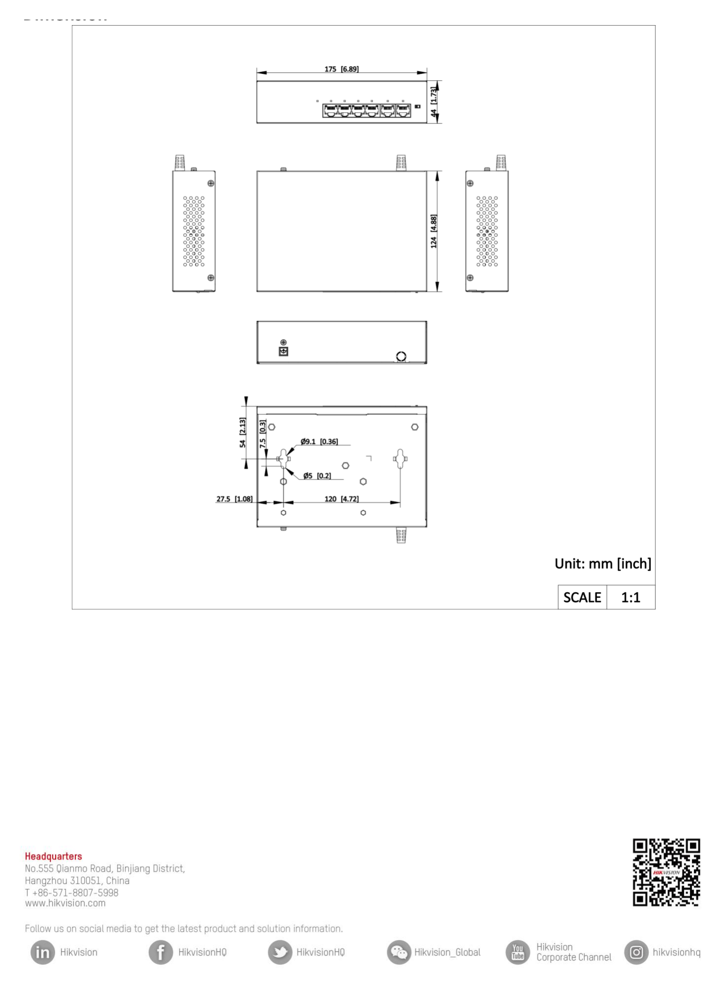 DS-XS06-P 外形尺寸圖 175.0 mm × 44.0 mm × 124.0 mm (6.89'' × 1.73'' × 4.88'')｜Unit: mm