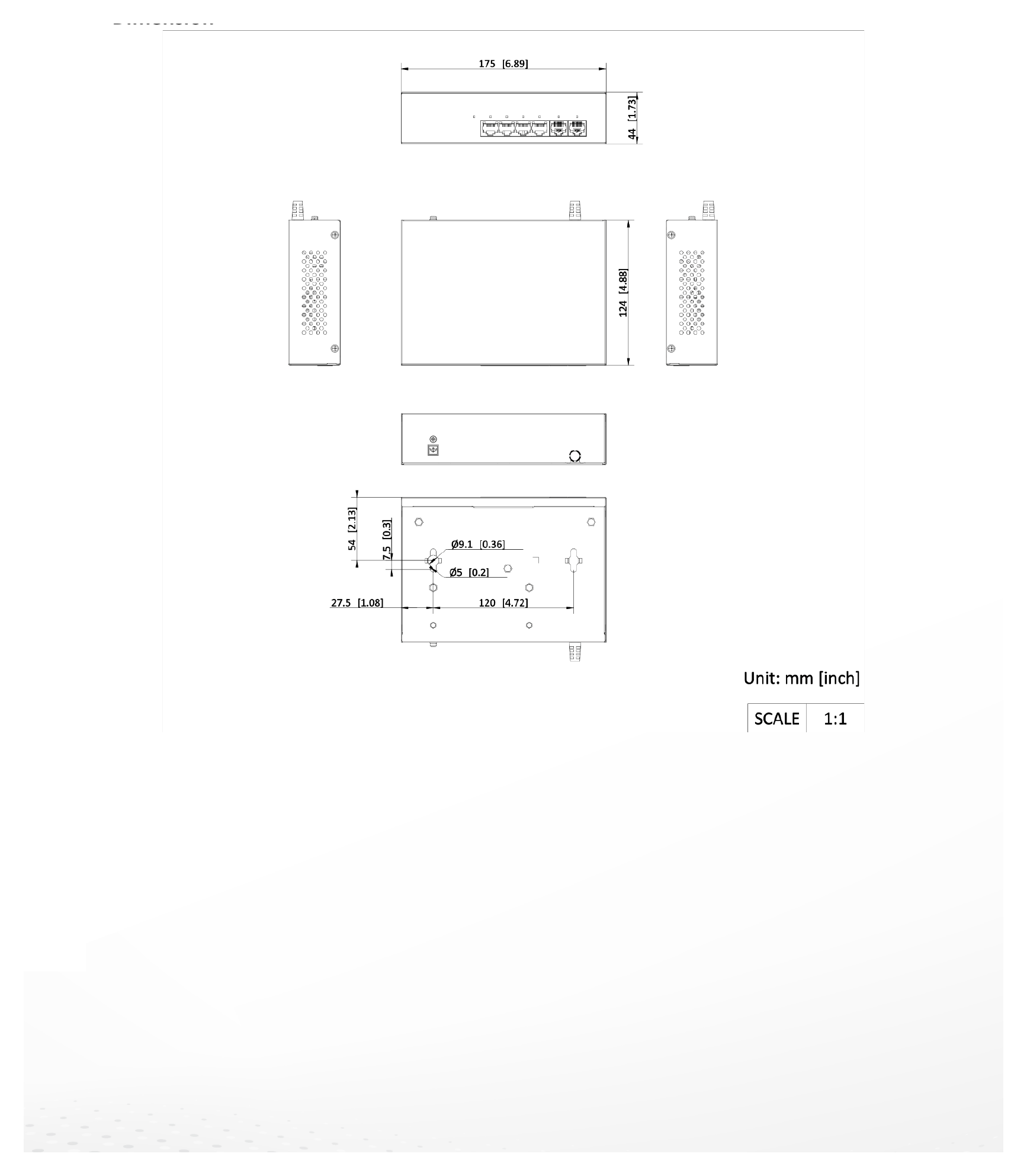 DS-XS06G-P 外形尺寸圖 175.0 mm × 44.0 mm × 124.0 mm (6.89'' × 1.73'' × 4.88'')｜Unit: mm