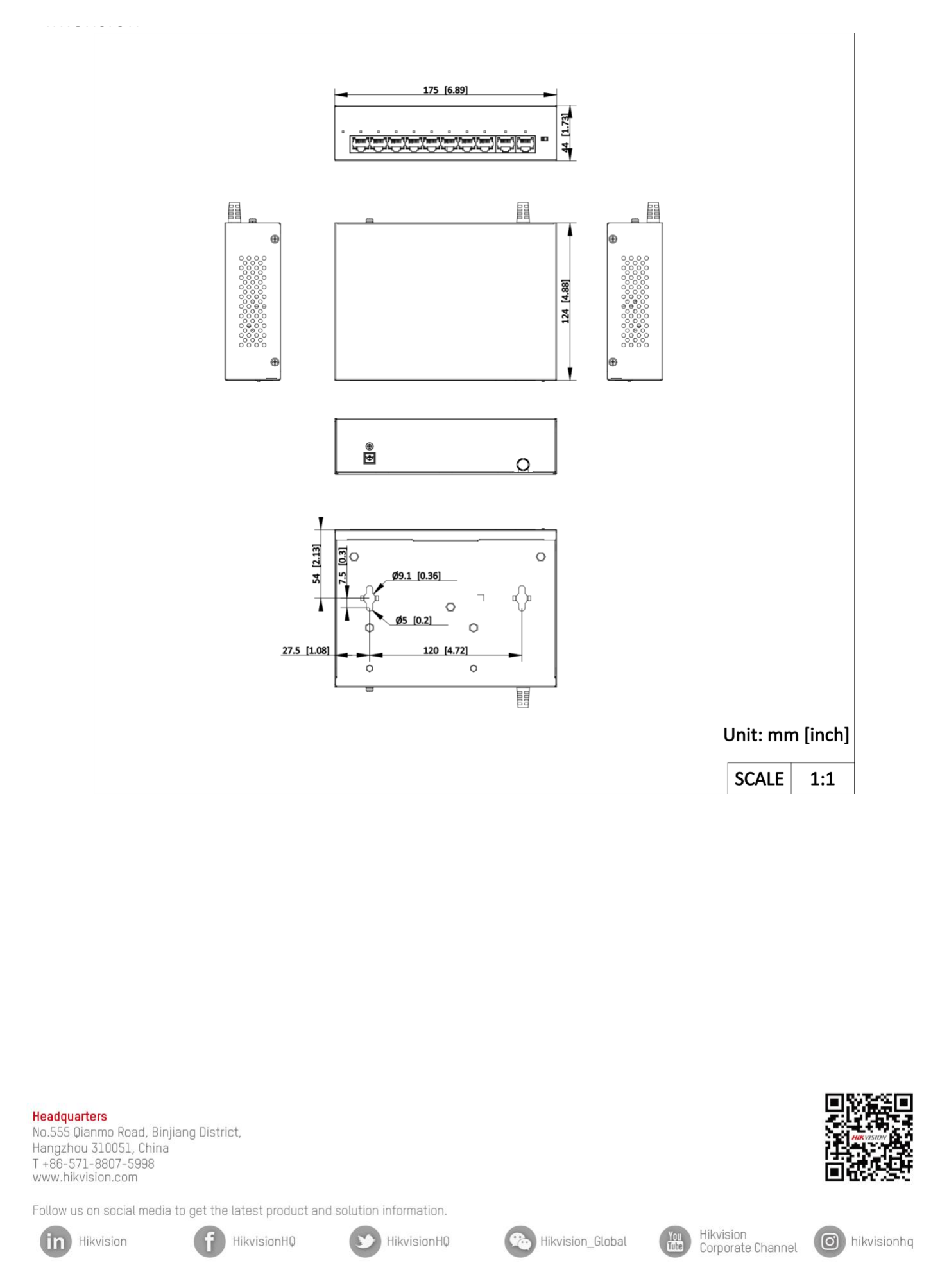 DS-XS10-P 外形尺寸圖 175.0 mm × 44.0 mm × 124.0 mm (6.89'' × 1.73'' × 4.88'')｜Unit: mm