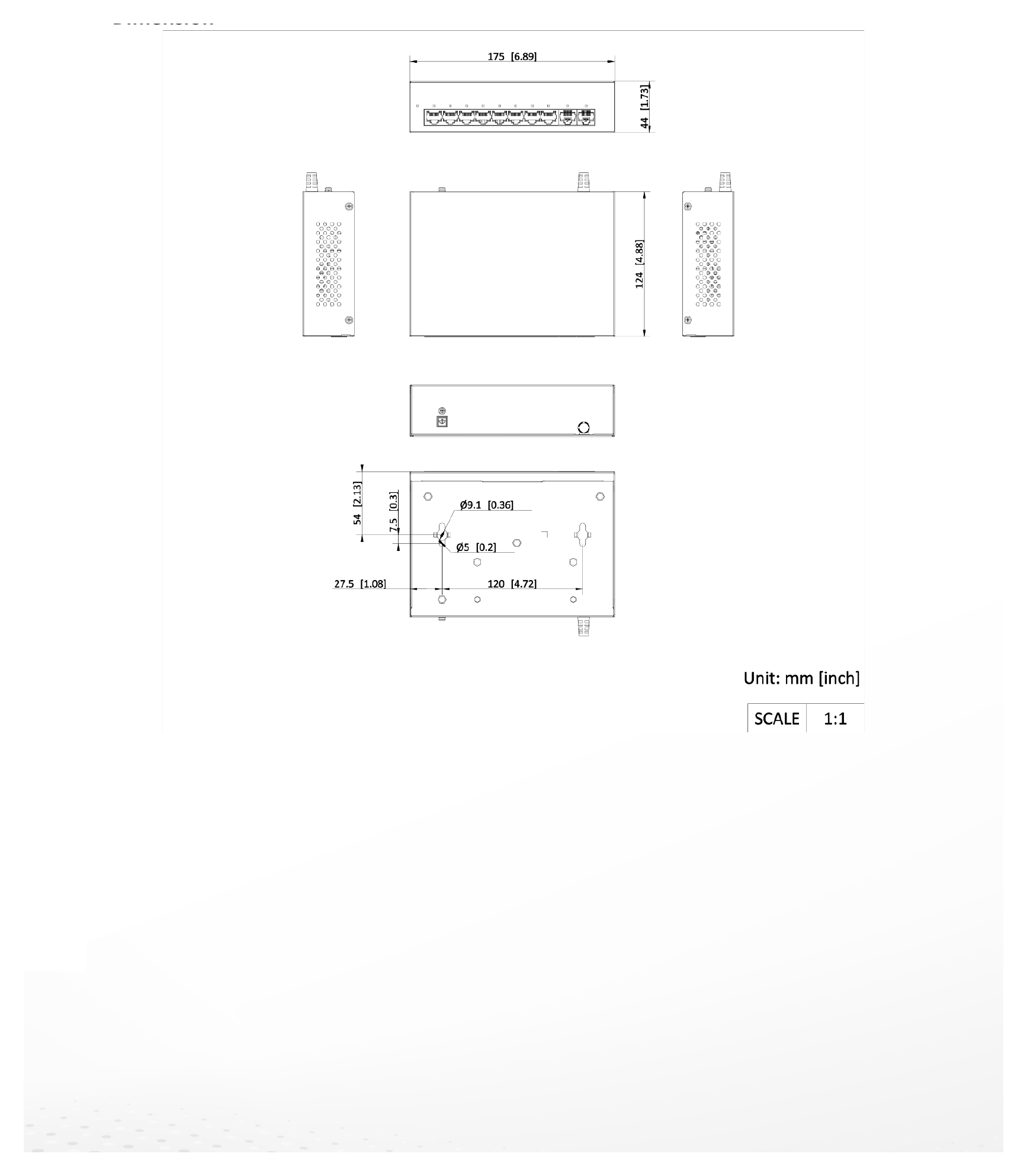 DS-XS10G-P 外形尺寸圖 175.0 mm × 44.0 mm × 124.0 mm (6.89'' × 1.73'' × 4.88'')｜Unit: mm
