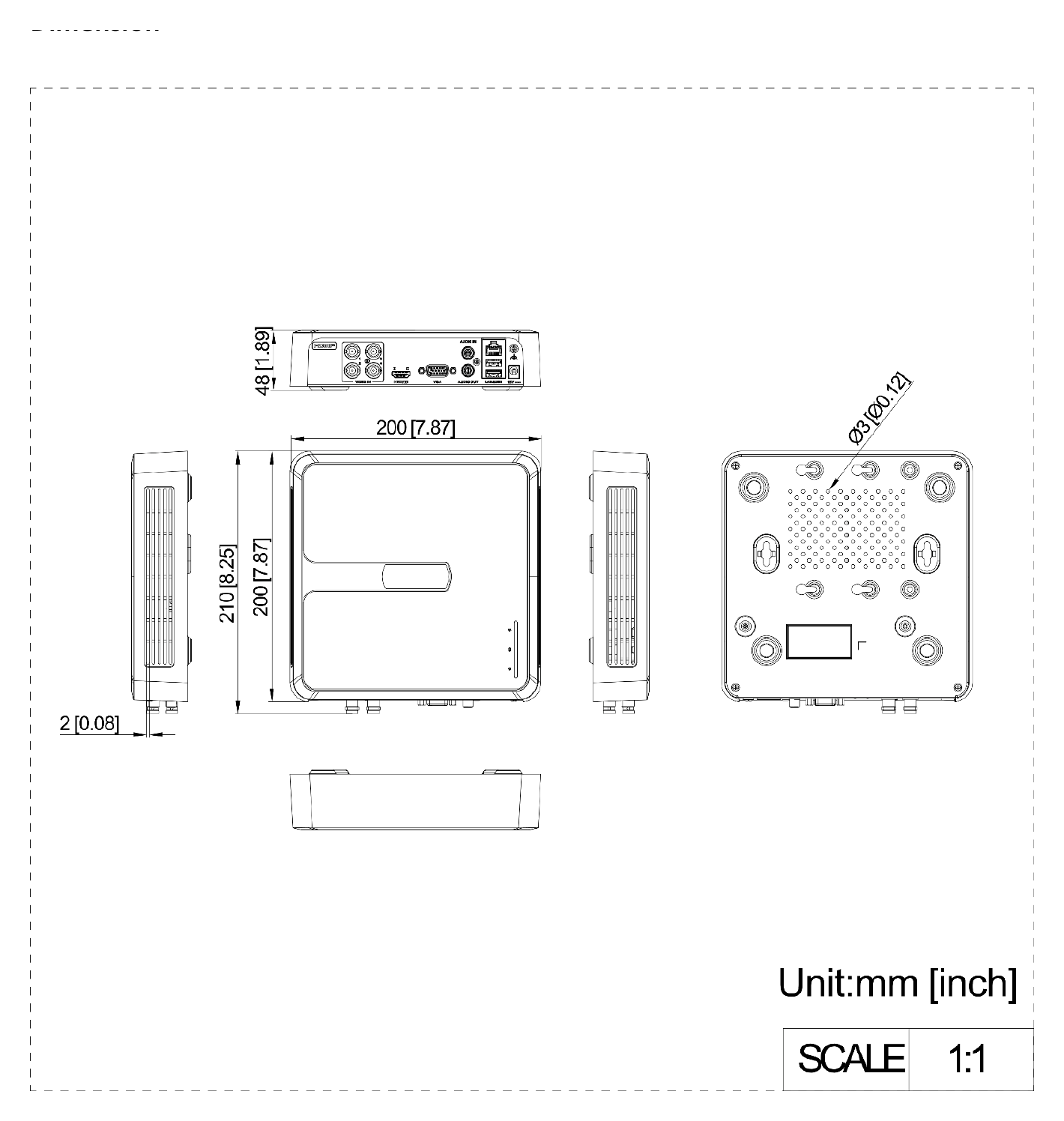 DVR-104G-K1 外形尺寸圖 200 × 200 × 48 mm (7.9 × 7.9 × 1.9 inch)｜重量 ≤ 0.8 kg (without HDD, 1.8 lb.)｜Unit: mm