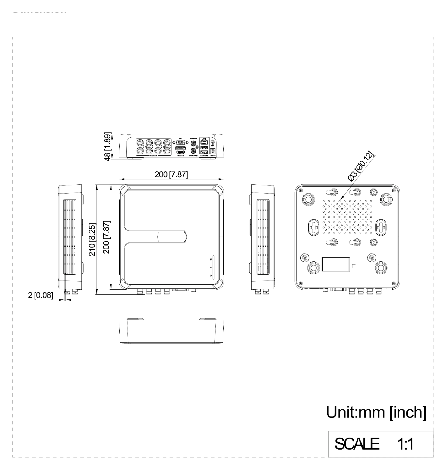 DVR-108G-K1 外形尺寸圖 200 × 200 × 48 mm (7.9 × 7.9 × 1.9 inch)｜重量 ≤ 1 kg (without HDD, 2.2 lb.)｜Unit: mm