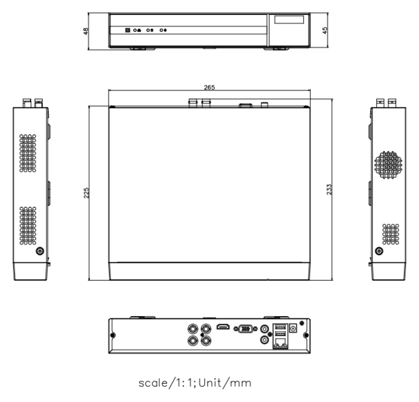 DVR-204Q-M1 外形尺寸圖 260 × 222 × 45 mm (10.2 × 8.7 × 1.8 inch)｜重量 ≤ 1 kg (without HDD, 2.2 lb.)｜Unit: mm