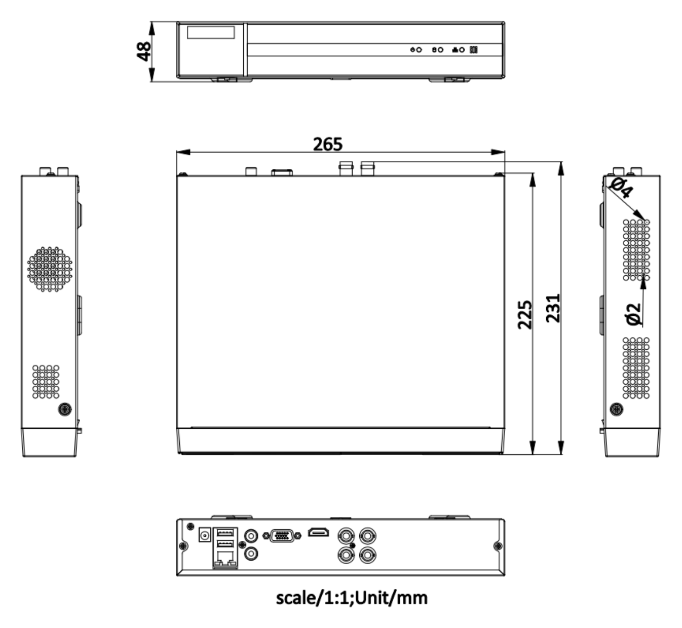 DVR-204U-M1 外形尺寸圖 260 × 222 × 45 mm (10.2 × 8.7 × 1.8 inch)｜重量 ≤ 1.16 kg (without HDD, 2.6 lb.)｜Unit: mm