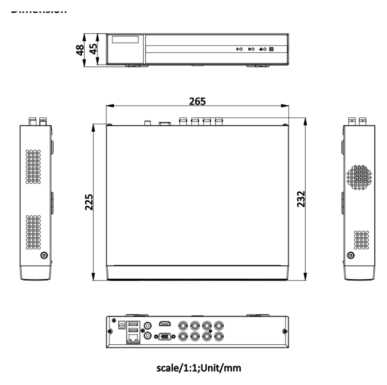 DVR-208Q-M1 外形尺寸圖 265 × 225 × 48 mm (10.4 × 8.9 × 1.9 inch)｜重量 ≤ 1 kg (without HDD, 2.2 lb.)｜Unit: mm