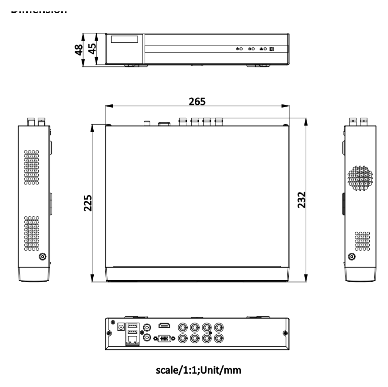 DVR-208U-M1 外形尺寸圖 265 × 225 × 48 mm (10.4 × 8.9 × 1.9 inch)｜重量 ≤ 1.6 kg (without HDD, 3.5 lb.)｜Unit: mm