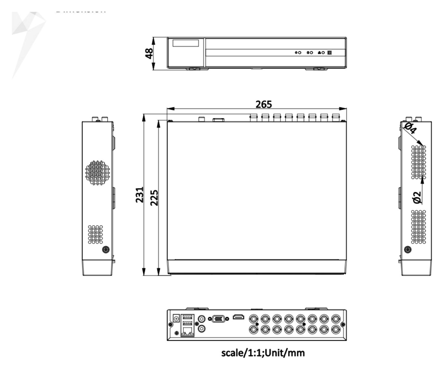 DVR-216Q-K1 外形尺寸圖 265 × 225 × 48 mm (10.4 × 8.9 × 1.9 inch)｜Unit: mm