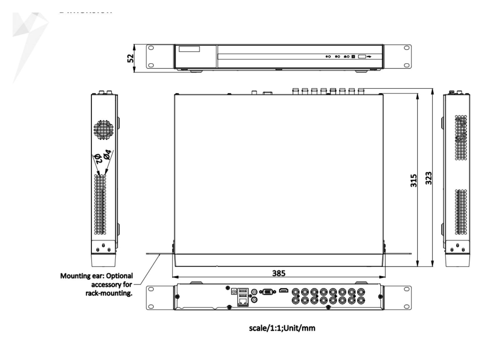 DVR-216Q-K2 外形尺寸圖 385 × 315 × 52 mm (15.2 × 12.4 × 2.0 inch)｜Unit: mm
