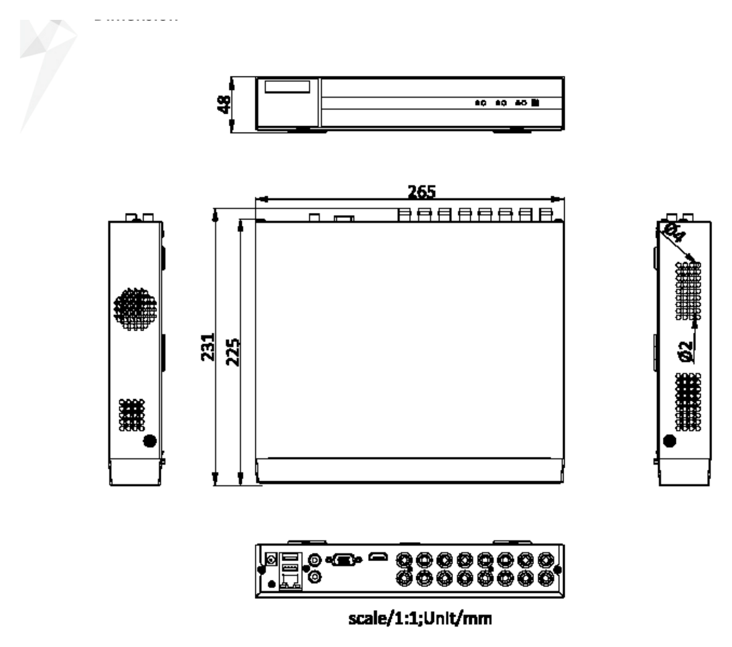 DVR-216Q-M1 外形尺寸圖 265 × 225 × 48 mm (10.4 × 8.9 × 1.9 inch)｜重量 ≤ 1.2 kg (2.6 lb.)｜Unit: mm