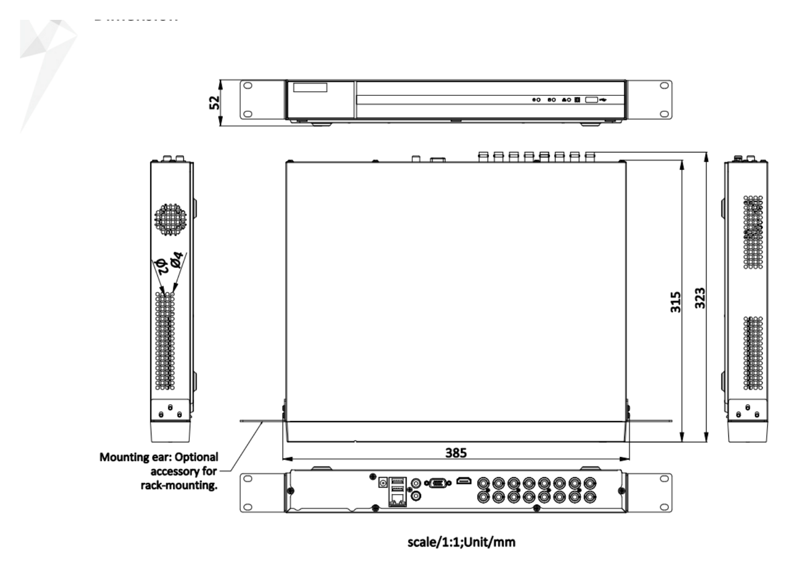 DVR-216Q-M2 外形尺寸圖 385 × 315 × 52 mm (15.2 × 12.4 × 2.0 inch)｜重量 ≤ 2 kg (4.4 lb.)｜Unit: mm