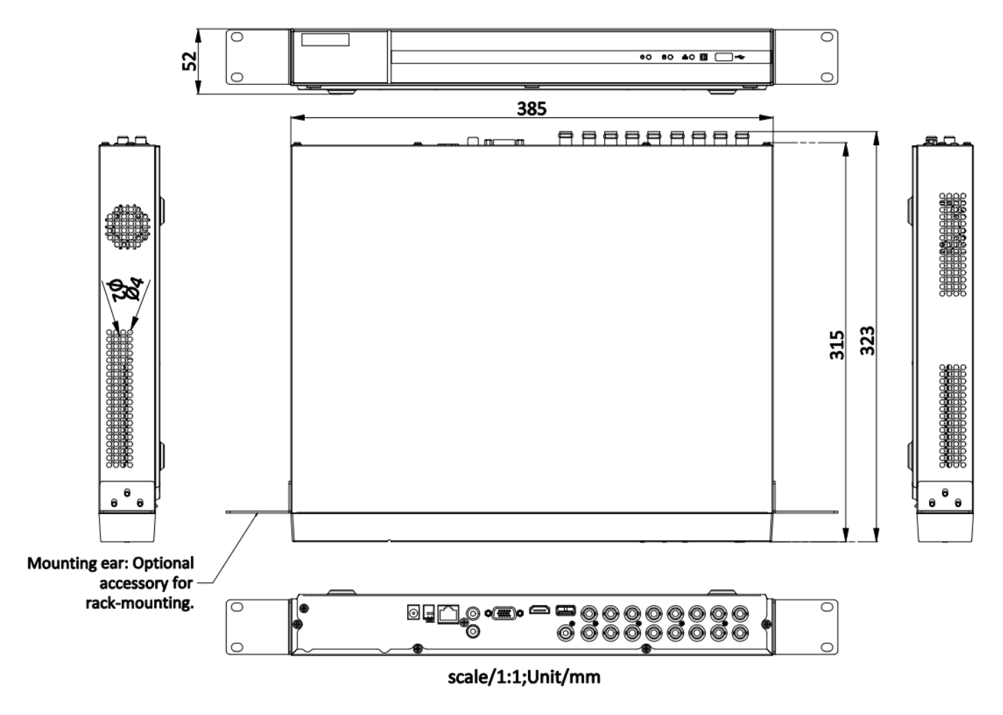 DVR-216U-M2 外形尺寸圖 380 × 320 × 48 mm (15.0 × 12.6 × 1.9 inch)｜重量 ≤ 2 kg (without HDD, 4.4 lb.)｜Unit: mm