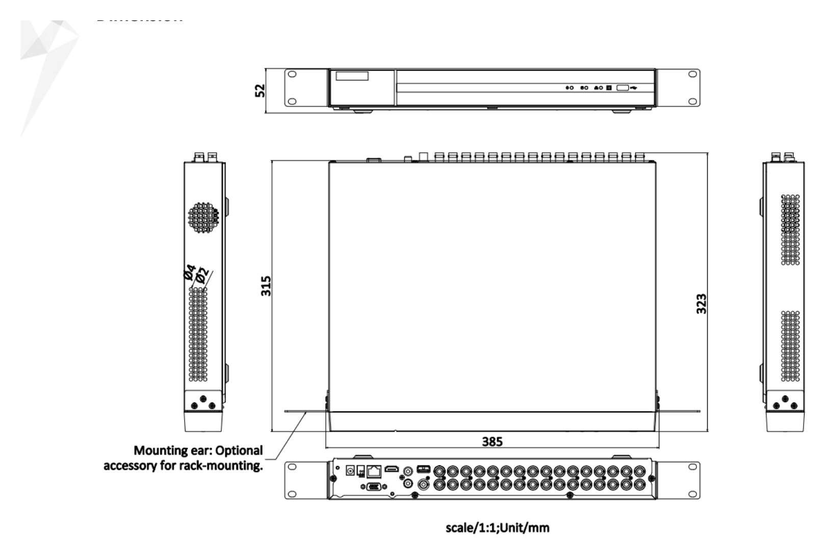 DVR-232Q-M2 外形尺寸圖 385 × 315 × 52 mm (15.2 × 12.4 × 2.0 inch)｜Unit: mm