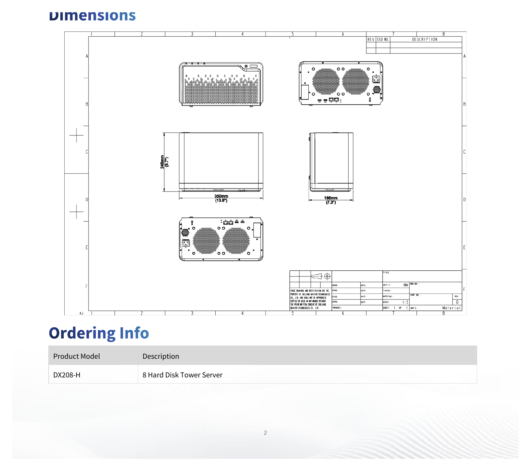 DX208-H 外形尺寸圖 350mm (L) × 246mm (W) × 186mm (H)｜重量 6.4 kg (without HDD)｜Unit: mm