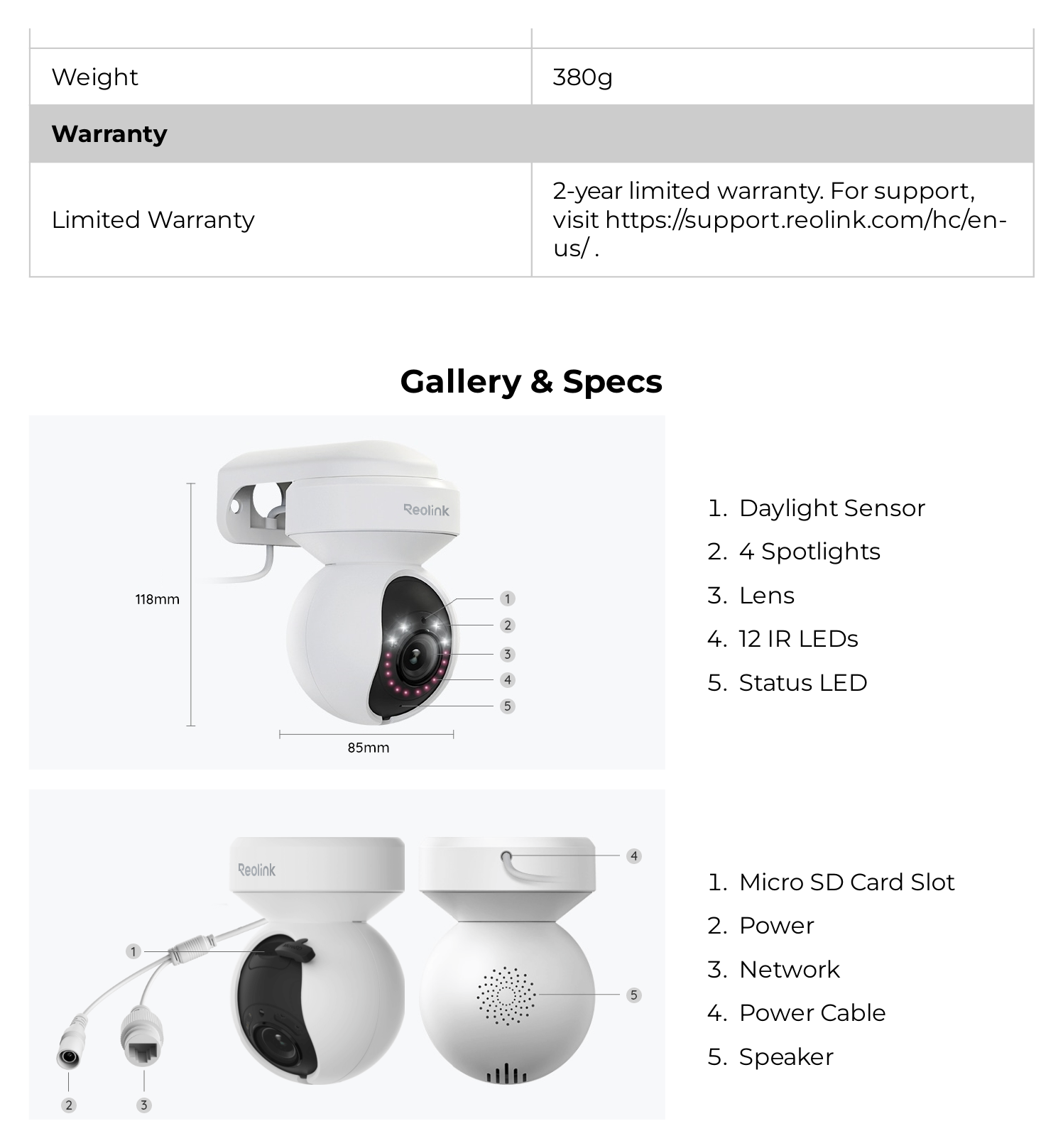 E1-OUTDOOR-1732702385631-E1-OUTDOOR 外形尺寸圖 Φ85×118mm｜重量 380g 2-year limited warranty. For support,｜Unit: mm