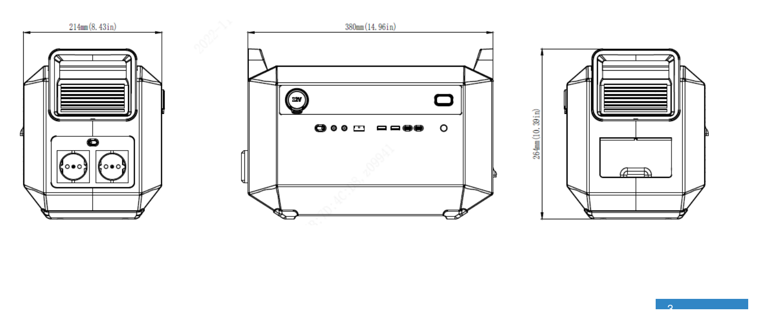 ES-E1000@B2-EU-PORTABLE-POWER-STATION 外形尺寸圖 380*214*264 mm (15.0*8.4*10.4 in)｜重量 12kg/26.5lbs｜Unit: mm