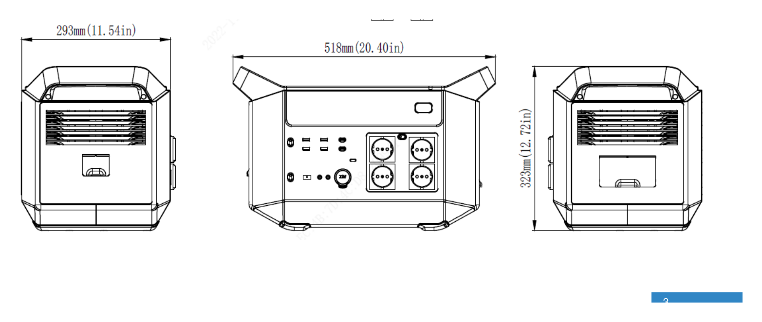 ES-E2000@B2-EU-PORTABLE-POWER-STATION 外形尺寸圖 518*293*323 mm (20.4*11.5*12.7 in)｜重量 22.5kg/49.6lbs｜Unit: mm