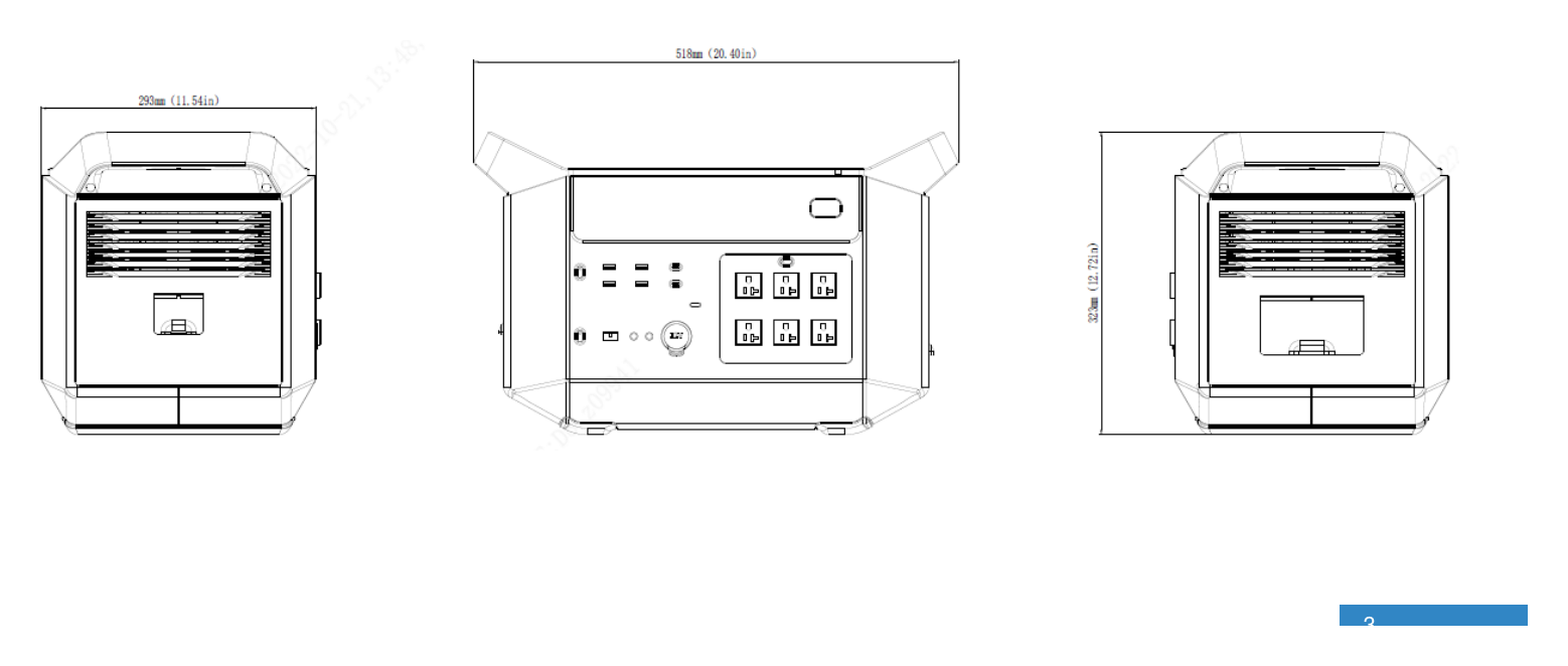 ES-E2400@B2-US-PORTABLE-POWER-STATION 外形尺寸圖 518*293*323 mm (20.4*11.5*12.7 in)｜重量 25.5kg/56.2lbs｜Unit: mm