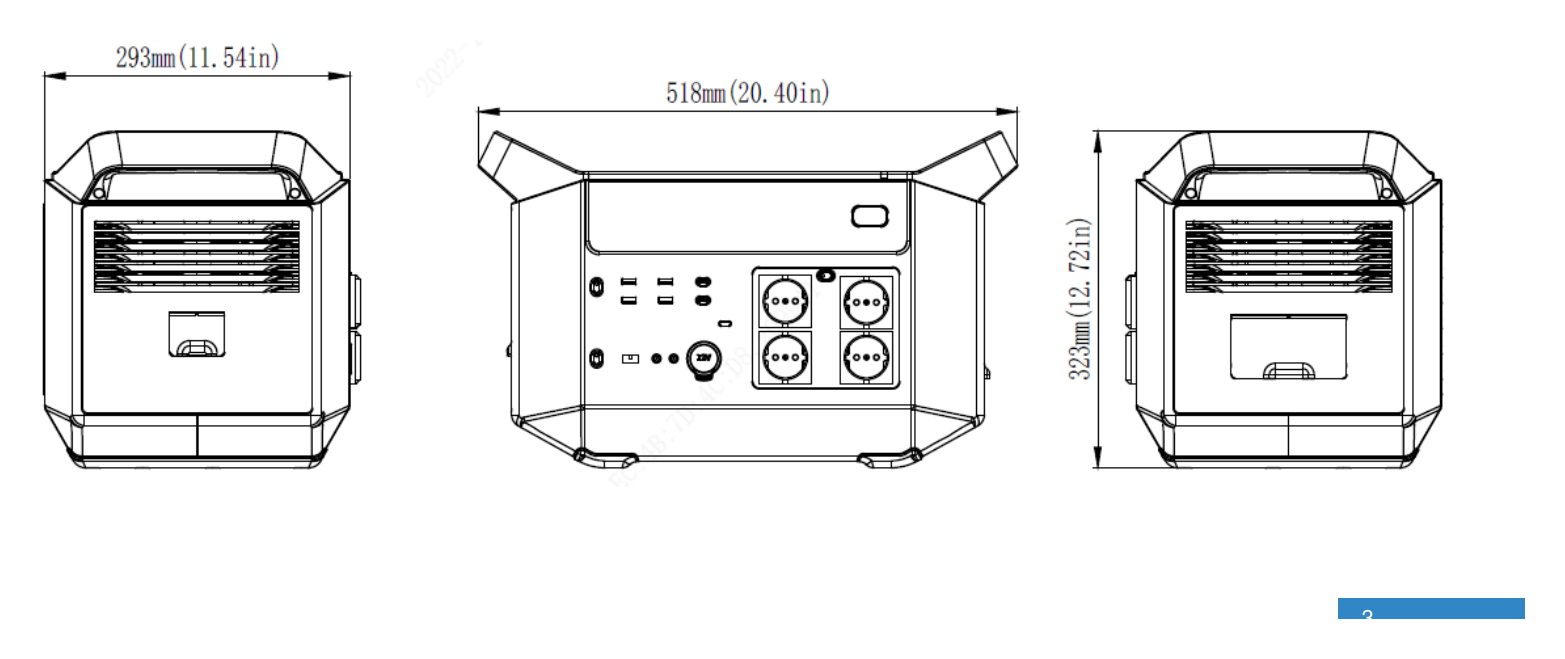 ES-E2500@B2-EU-PORTABLE-POWER-STATION 外形尺寸圖 518*293*323 mm (20.4*11.5*12.7 in)｜重量 25.5kg/56.2lbs｜Unit: mm
