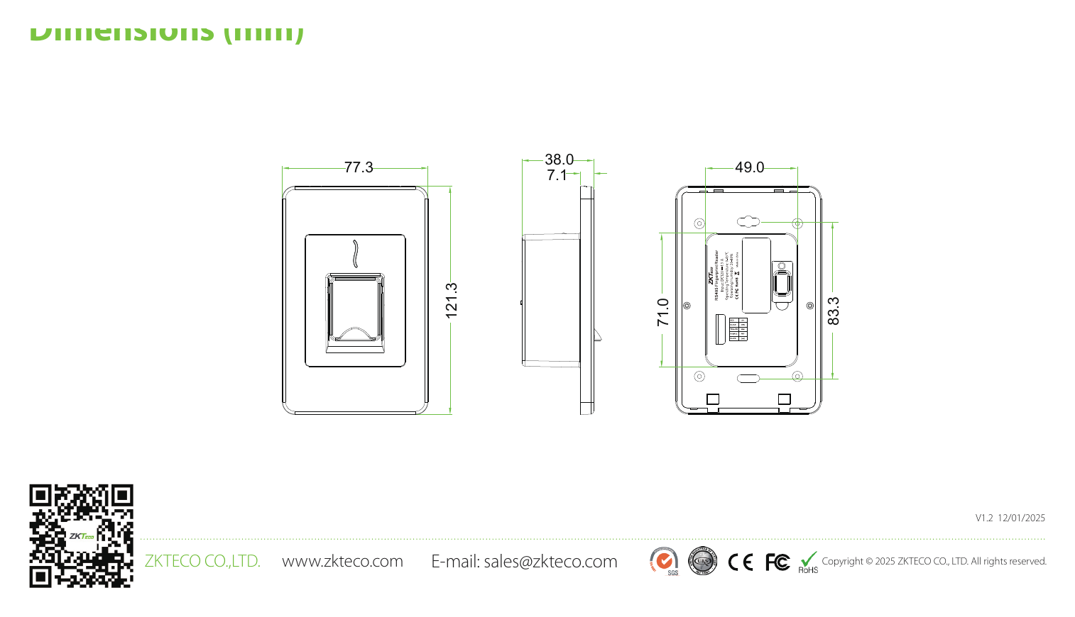 FR1500S 外形尺寸圖 121mm * 77.3mm * 38mm (L*W*H)｜Unit: mm