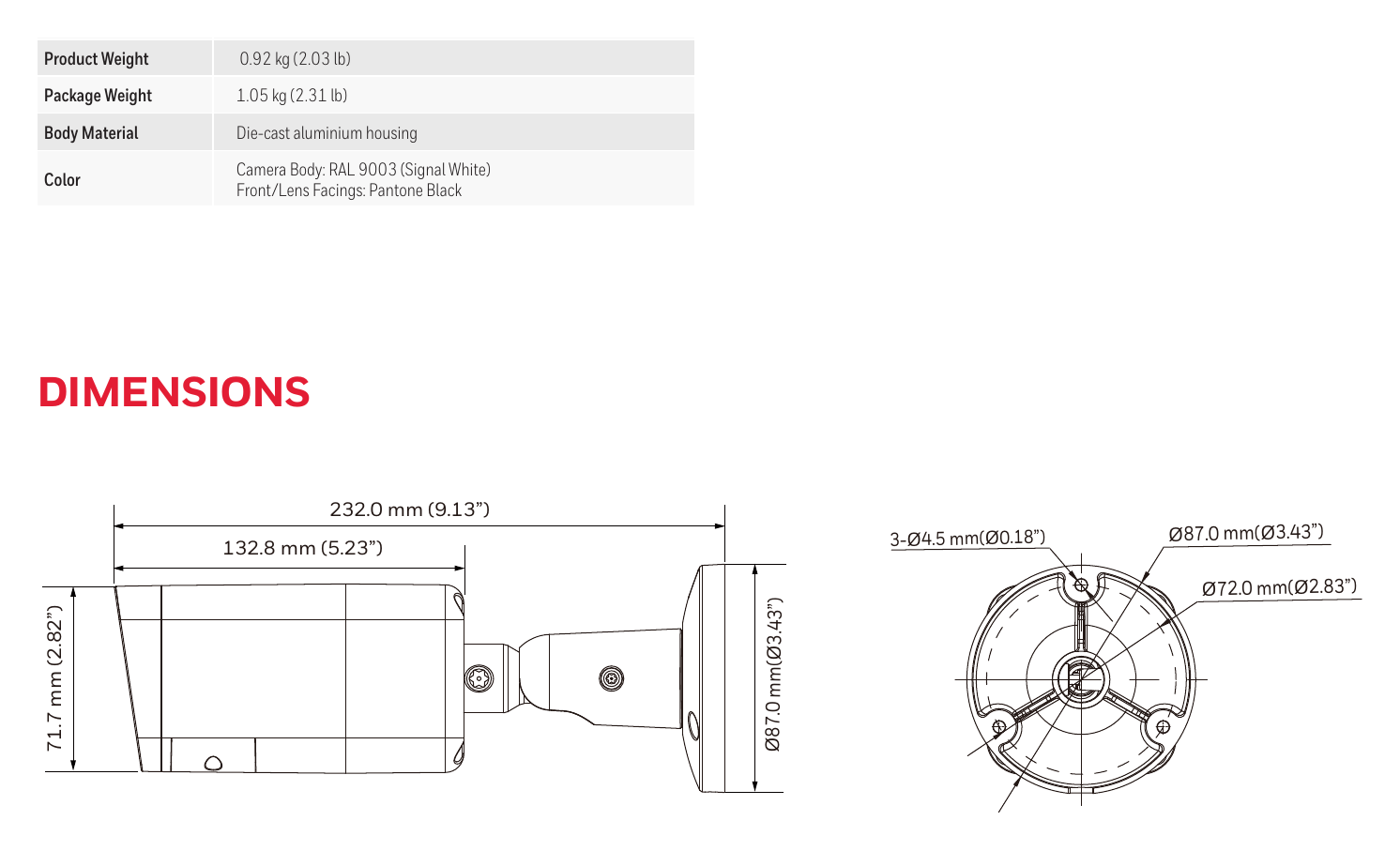 HBT-SEC-35S-HC35WBXR2 外形尺寸圖 Ø87.0 mm × 232.0 mm (Ø3.43” × 9.13”)｜Unit: mm
