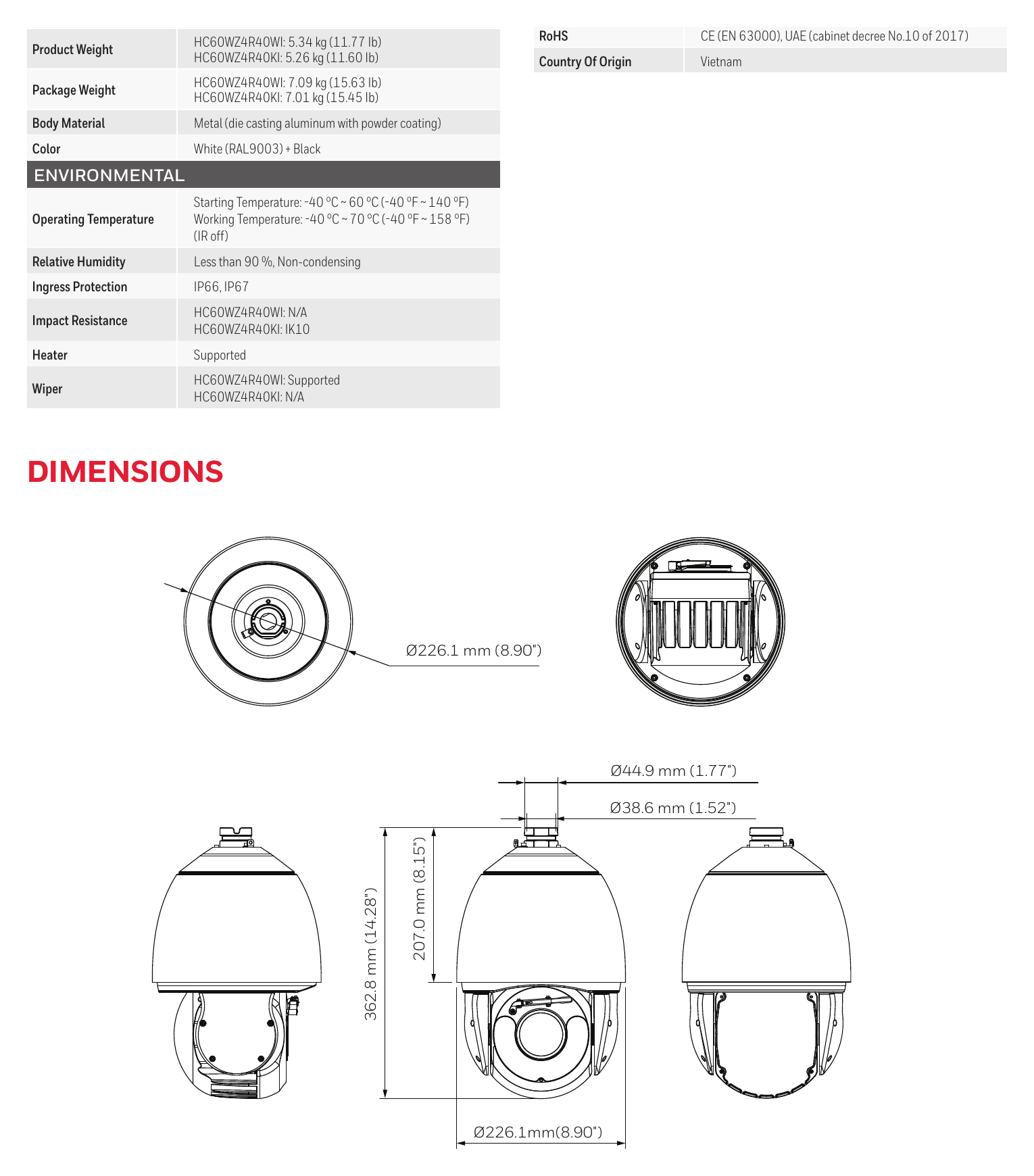 HBT-SEC-60S-HC60WZ4R40XI 外形尺寸圖 Ø226.10 x 362.80 mm (8.90” x 14.28”) Complies with RCM and UKCA｜Unit: mm