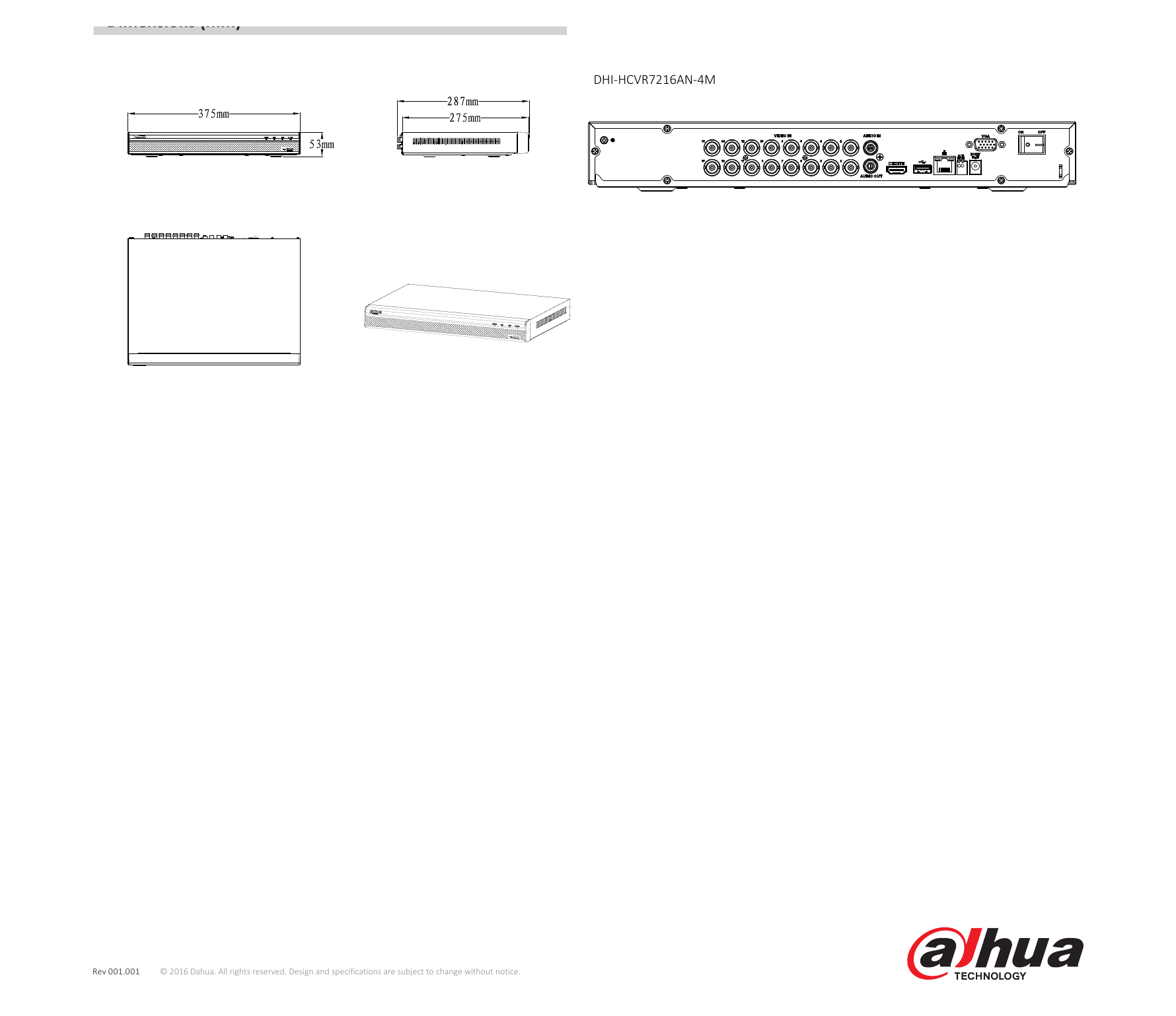 HCVR7204-08-16AN-4M 外形尺寸圖 1U, 375mm×287mm×53mm (14.8" x 11.3" x 2.1")｜Unit: mm