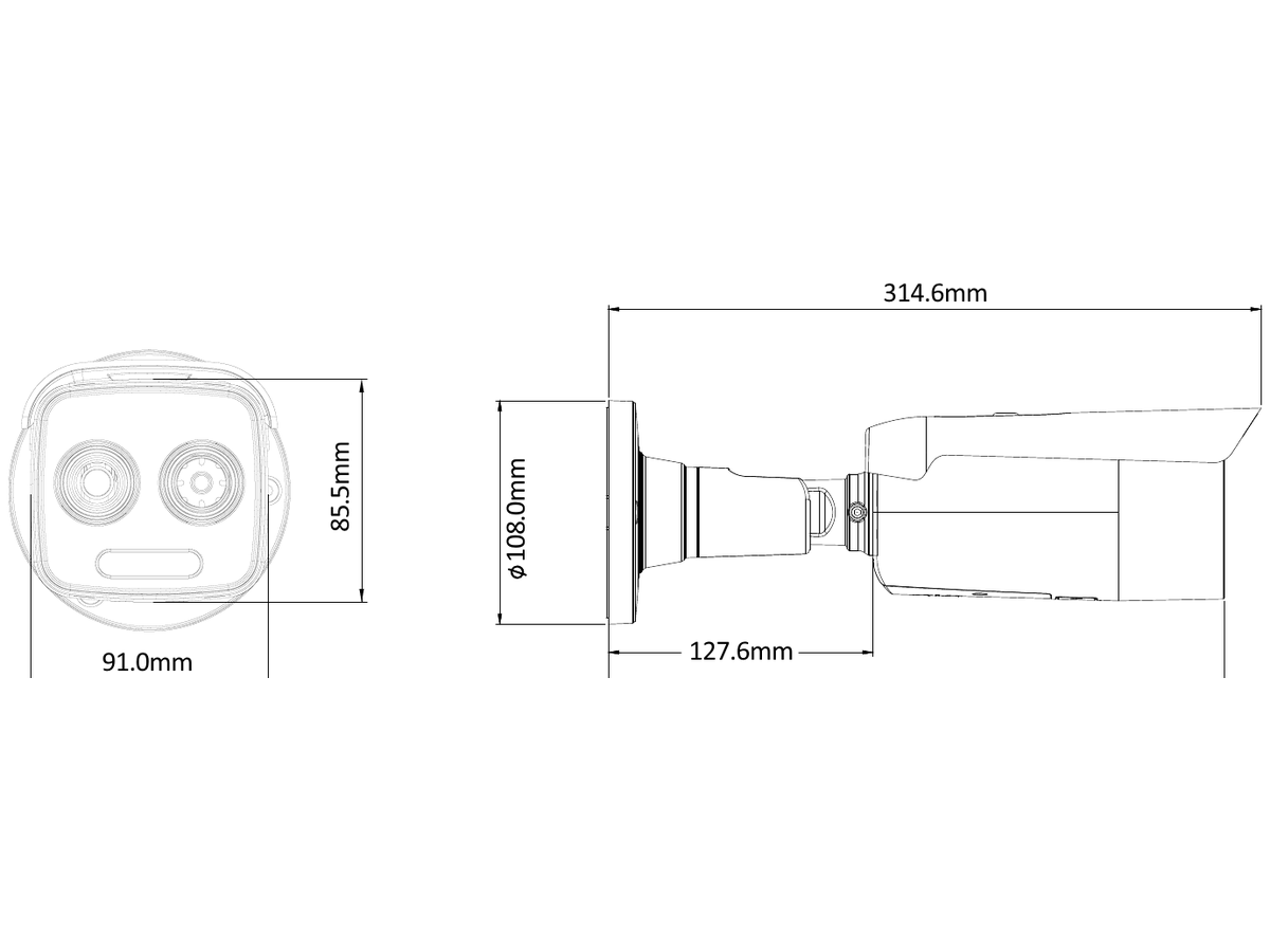 HKEZIT-Thermal-Bullet80 外形尺寸圖 108mm × 314.6mm（4.25" × 12.39"）｜重量約 1.25kg｜Unit: mm