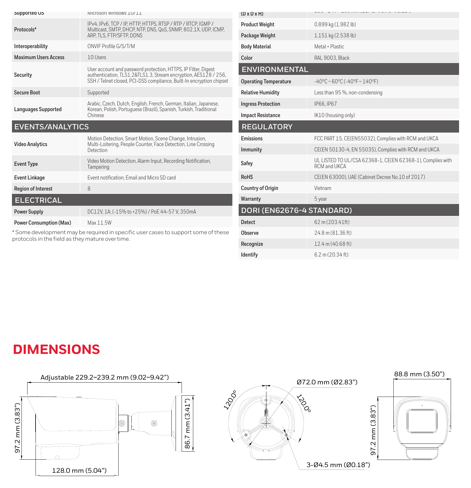 HON-BA-SEC-35S-HC35WMBAR1HBA 外形尺寸圖 (9.02” ~ 9.42” × 3.50“ × 3.83”)｜Unit: mm