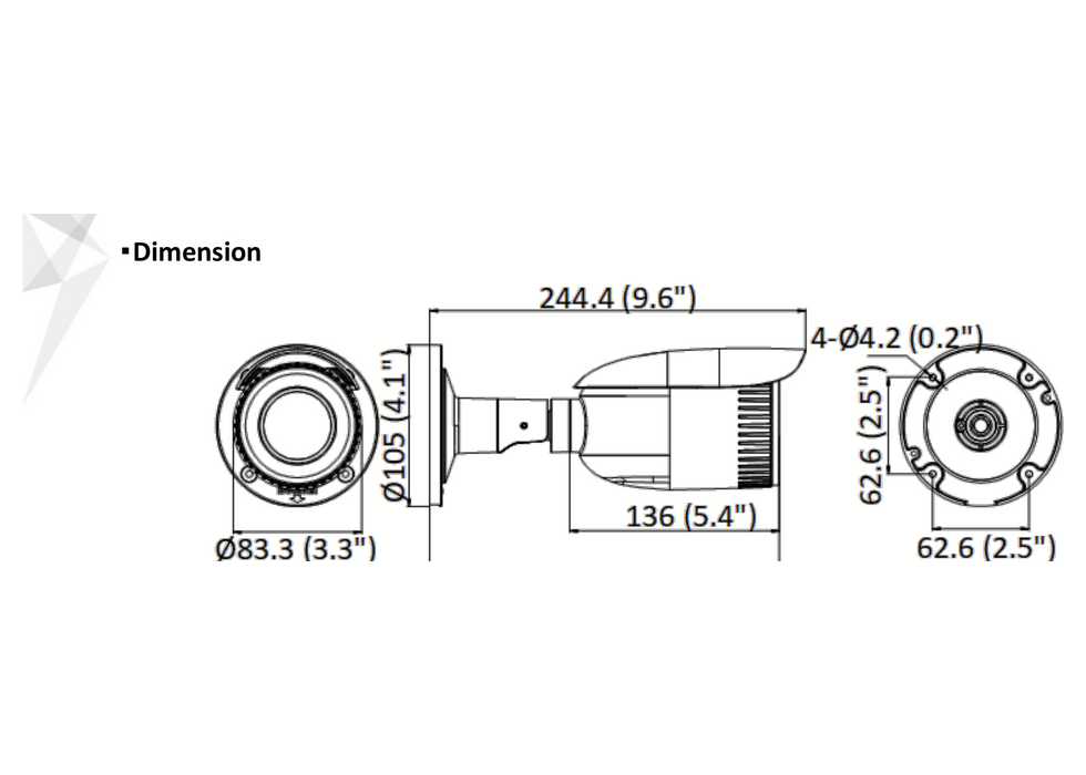 HWI-B640H-Z 外形尺寸圖 Ø 105 mm × 244.4 mm (Ø 4.1" × 9.6")｜重量 Approx. 1035 g (2.3 lb.)