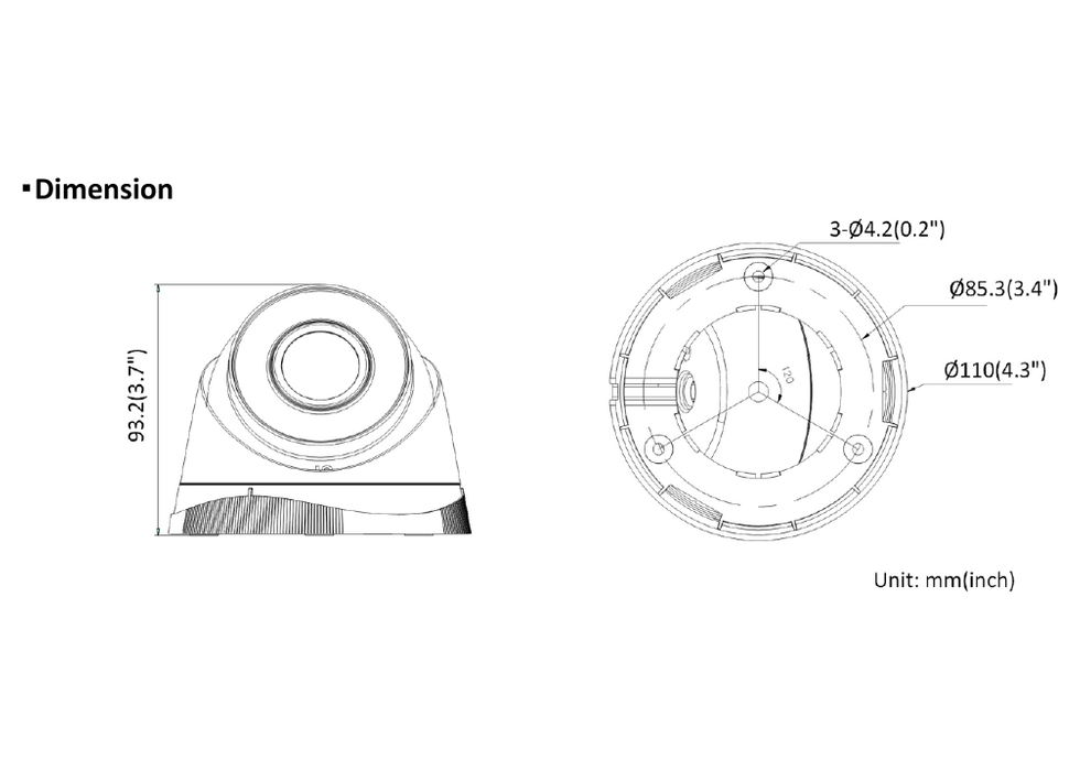 HWI-T221H 外形尺寸圖 Ø 110 mm × 93.2 mm (Ø 4.3" × 3.7")｜重量 Approx. 320 g (0.7 lb.)