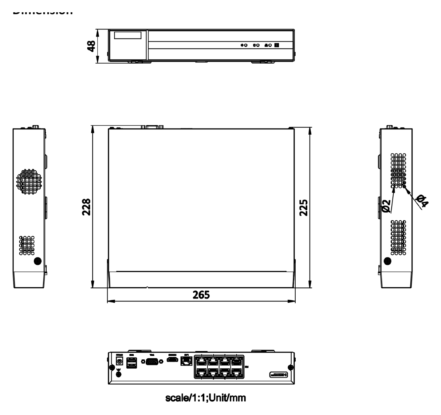 HWN-2108MH-8P 外形尺寸圖 265 × 225 × 48 mm (10.4