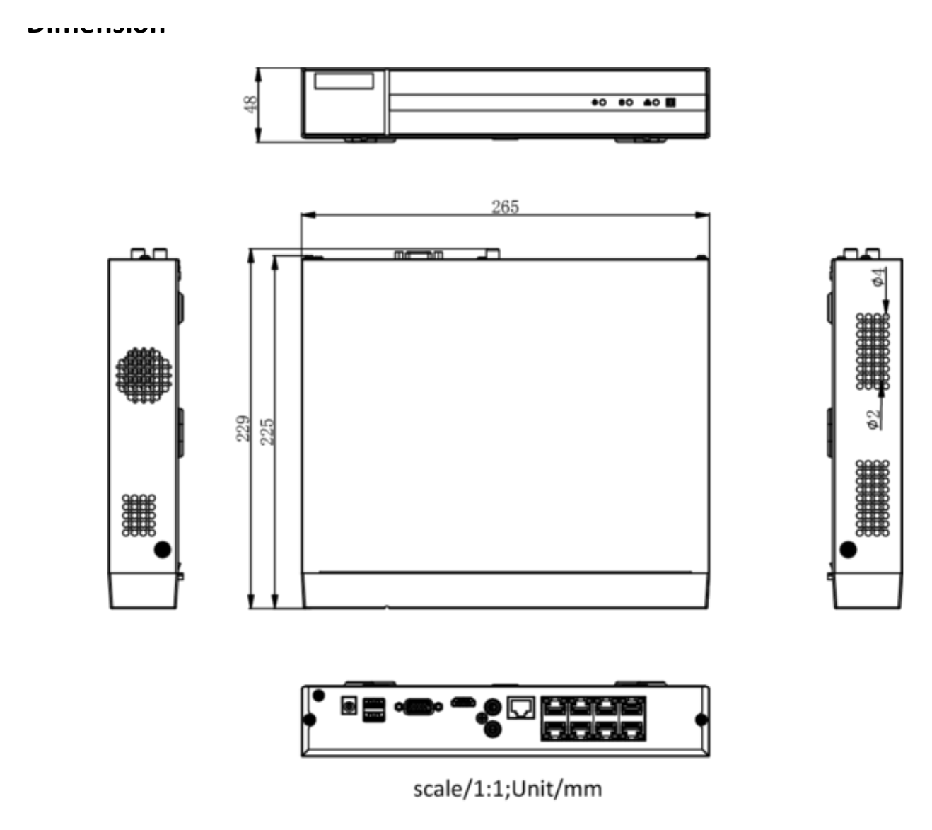 HWN-4108MH-8P 外形尺寸圖 265 × 225 × 48 mm (10.2