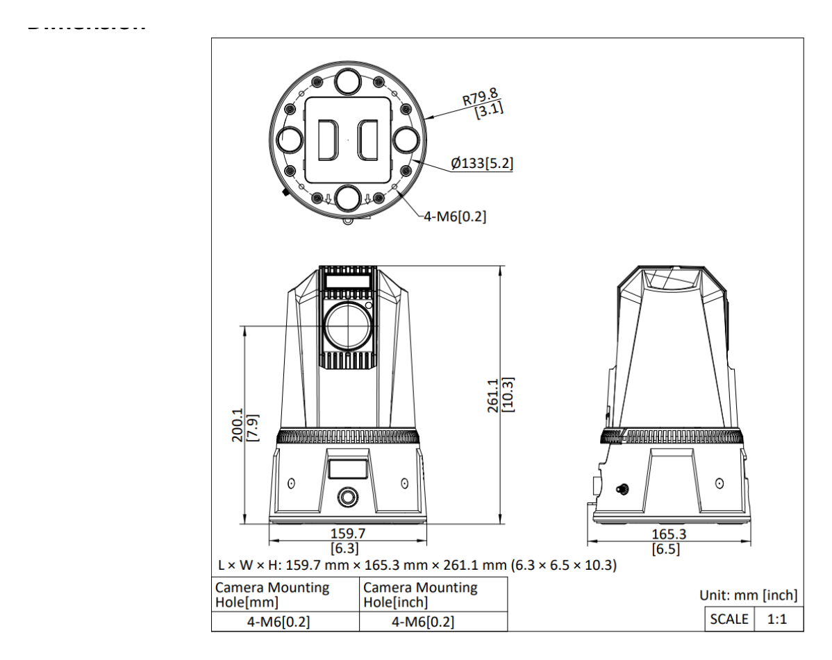 iDS-MCD202-B 外形尺寸圖 159.7 mm × 165.3 mm × 261.1 mm (6.3" × 6.5" × 10.3")｜重量 3.7 kg (without mounting) (8.16 lb.)｜Unit: mm