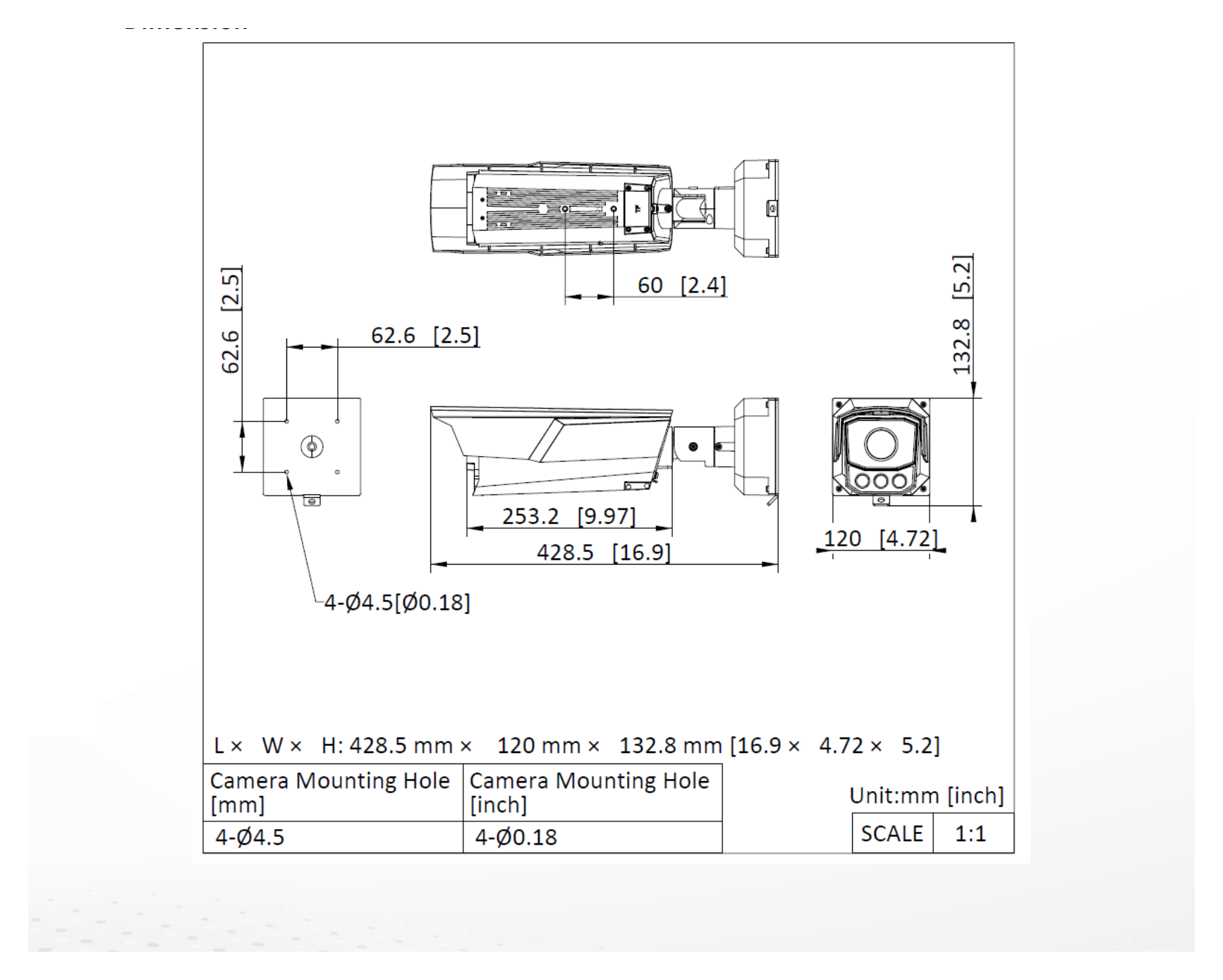 iDS-TCD403-BI 外形尺寸圖 428.5 mm × 120 mm × 132.8 mm (16.9" × 4.7" × 5.2") (L × W × H)｜重量 Approx. 3.0 kg (6.6 lb.)｜Unit: mm