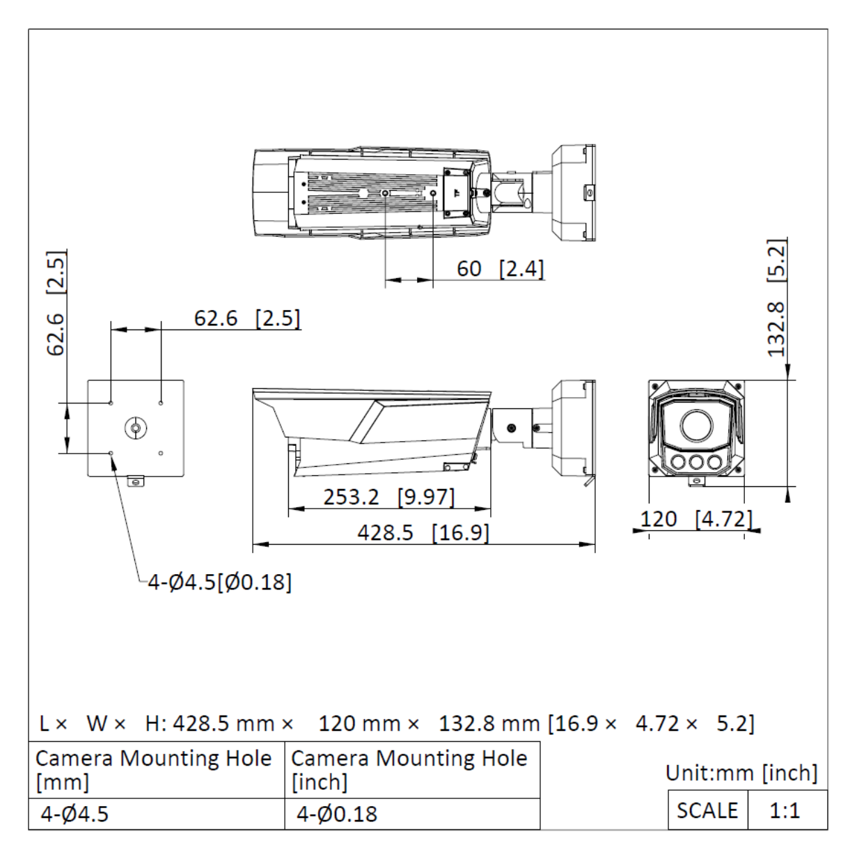 iDS-TCM403-B 外形尺寸圖 428.5 mm × 120 mm × 132.8 mm (16.9" × 4.72" × 5.2") (L × W × H)｜重量 Approx. 2.975 kg (6.56 lb.)｜Unit: mm