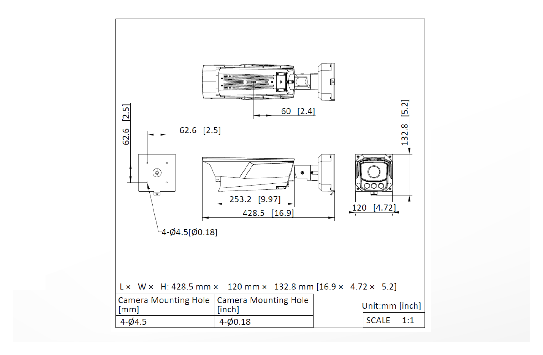 iDS-TCM403-BI 外形尺寸圖 428.5 mm × 120 mm × 132.8 mm (16.9" × 4.72" × 5.2") (L × W × H)｜重量 Approx. 2.975 kg (6.56 lb.)｜Unit: mm