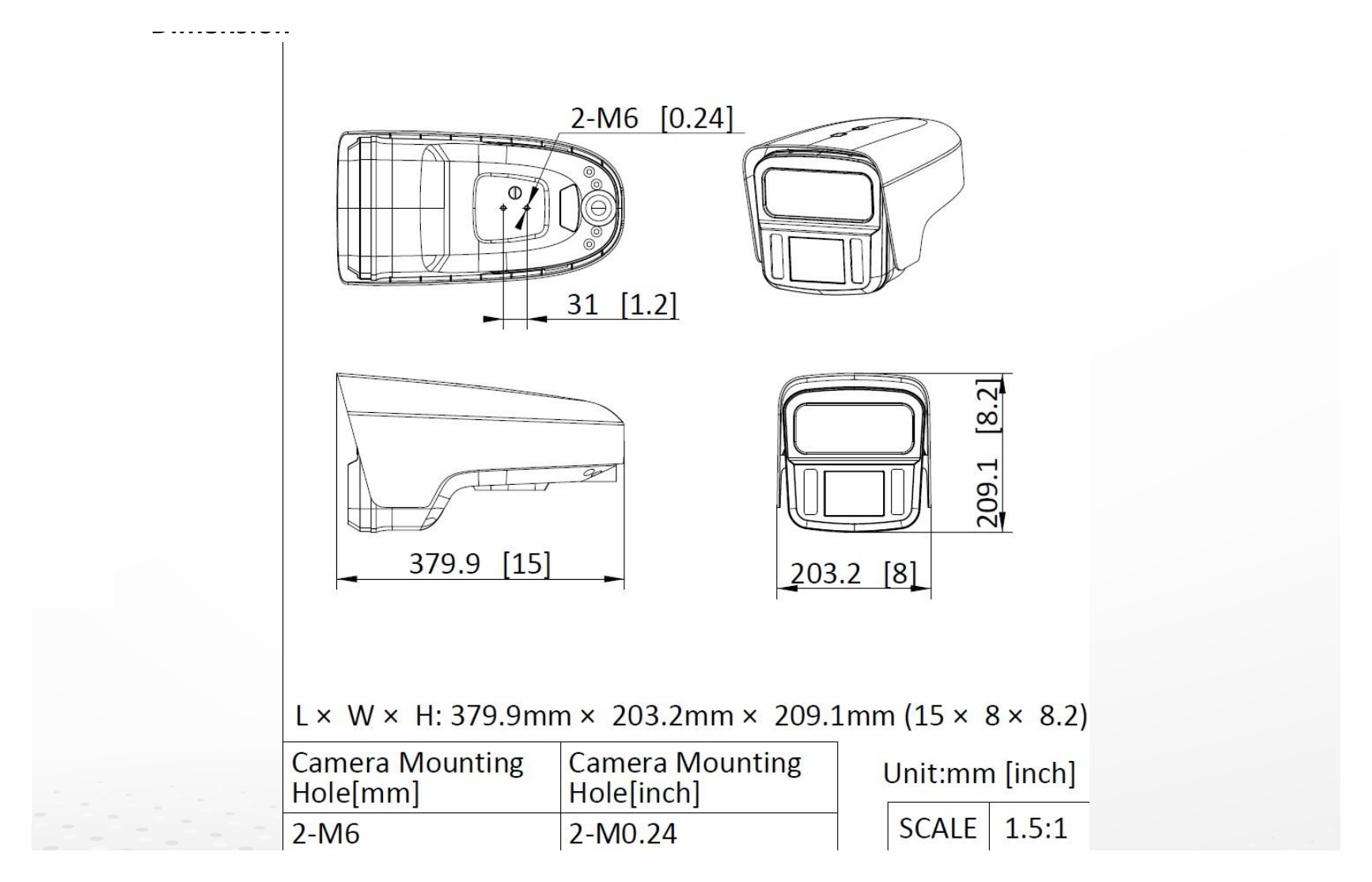 iDS-TCM441-FIR 外形尺寸圖 379.9 mm × 203.2 mm × 209.1 mm (15" × 8" × 8.2") (L × W × H)｜重量 Approx. 5 kg (11.02 lb.)｜Unit: mm