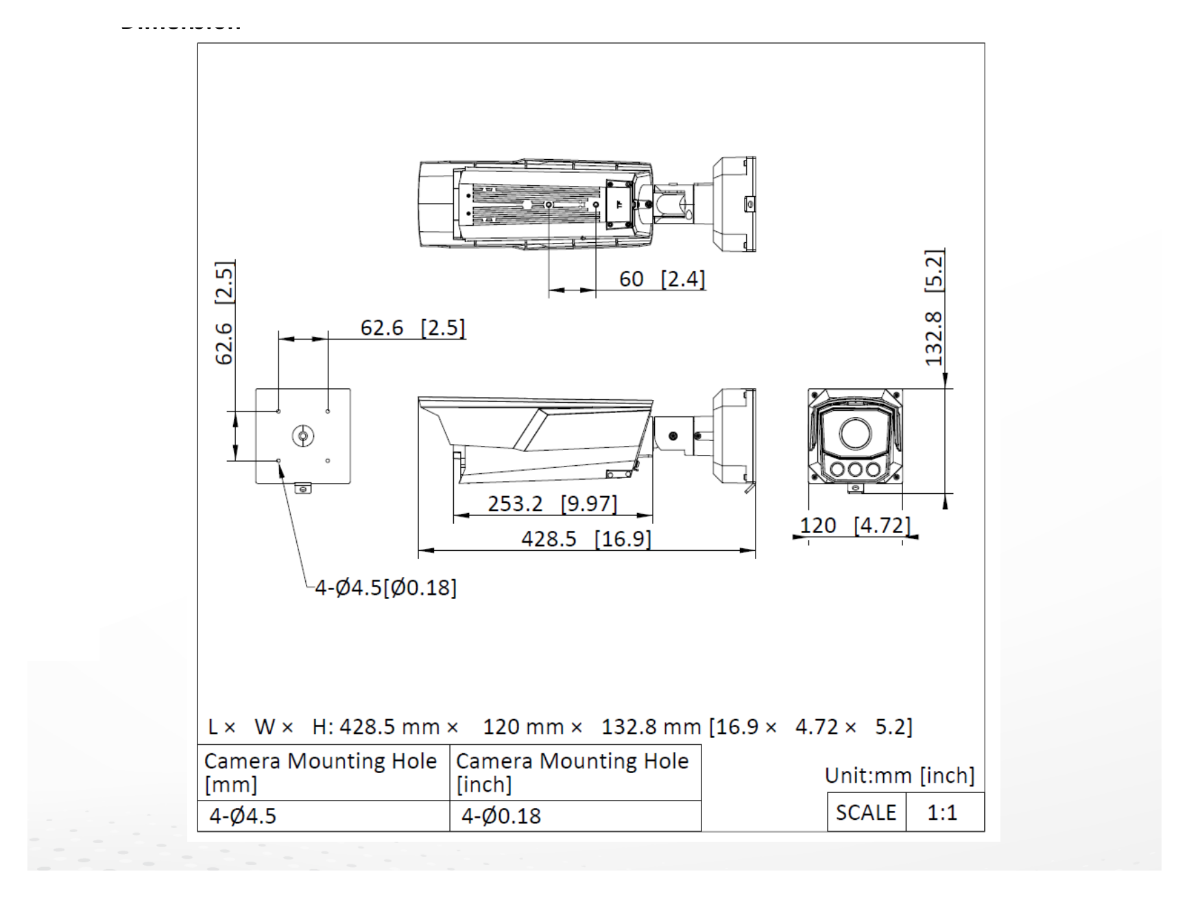 iDS-TCM803-H 外形尺寸圖 428.5 mm × 120 mm × 132.8 mm (16.9" × 4.72" × 5.2") (L × W × H)｜重量 Approx. 2.975 kg (6.56 lb.)｜Unit: mm