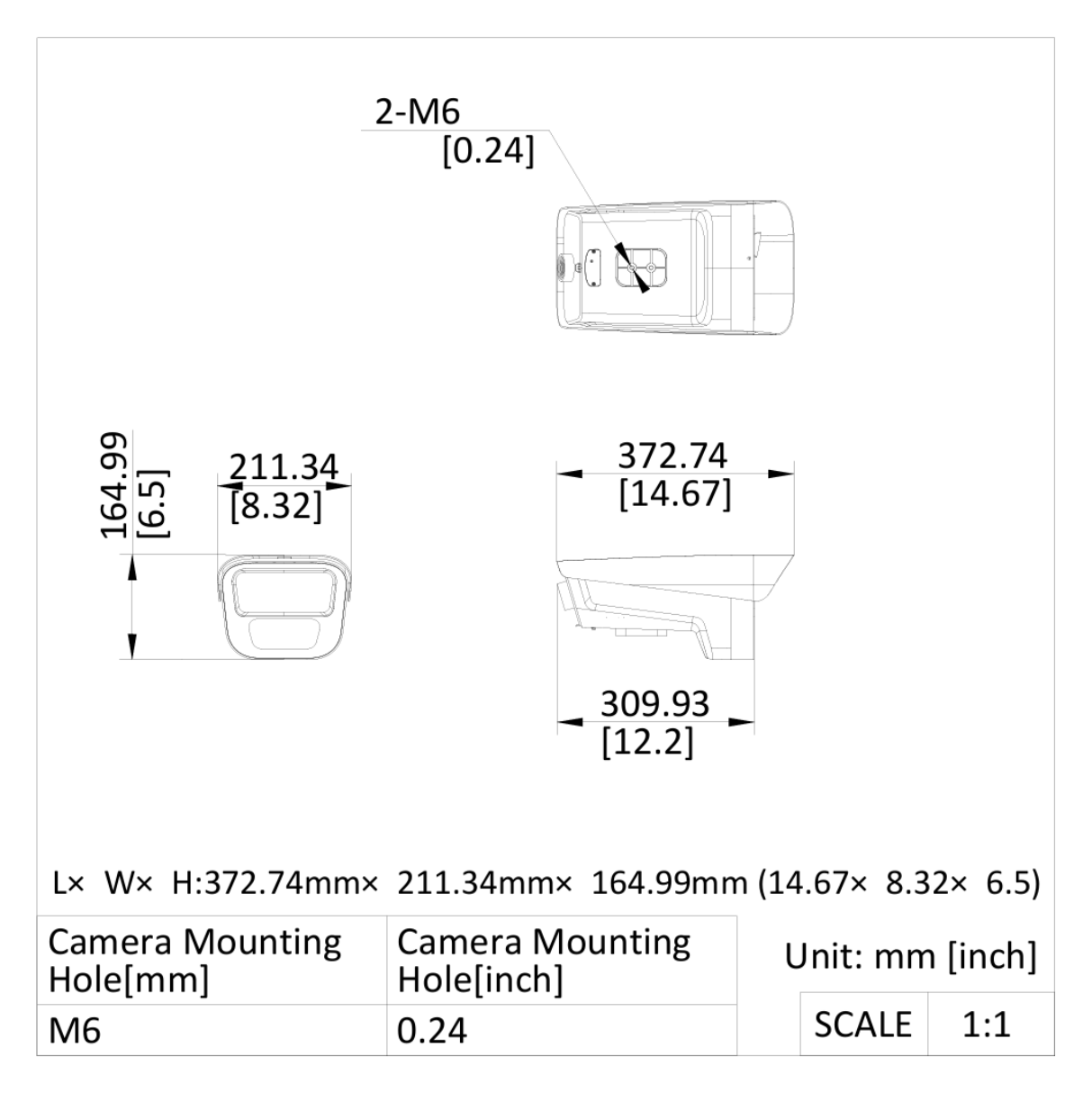 iDS-TCM881-H 外形尺寸圖 373 mm × 212 mm × 165 mm (14.67" × 8.32" × 6.5") (L × W × H)｜重量 Approx. 2.9 kg (6.40 lb.)｜Unit: mm