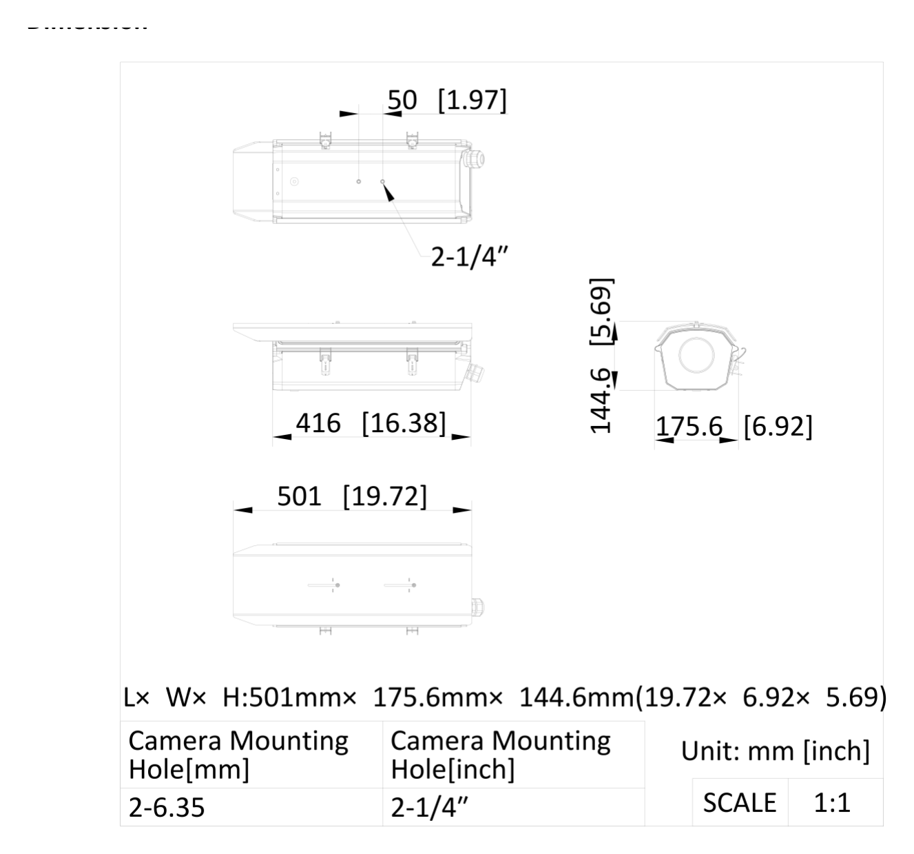 iDS-TCV500-H(I)(E)/IM 外形尺寸圖 501 mm × 175.6 mm × 144.6 mm (19.72" × 6.92" × 5.69") (L × W × H)｜重量 Approx. 5.13 kg (11.3 lb.)｜Unit: mm