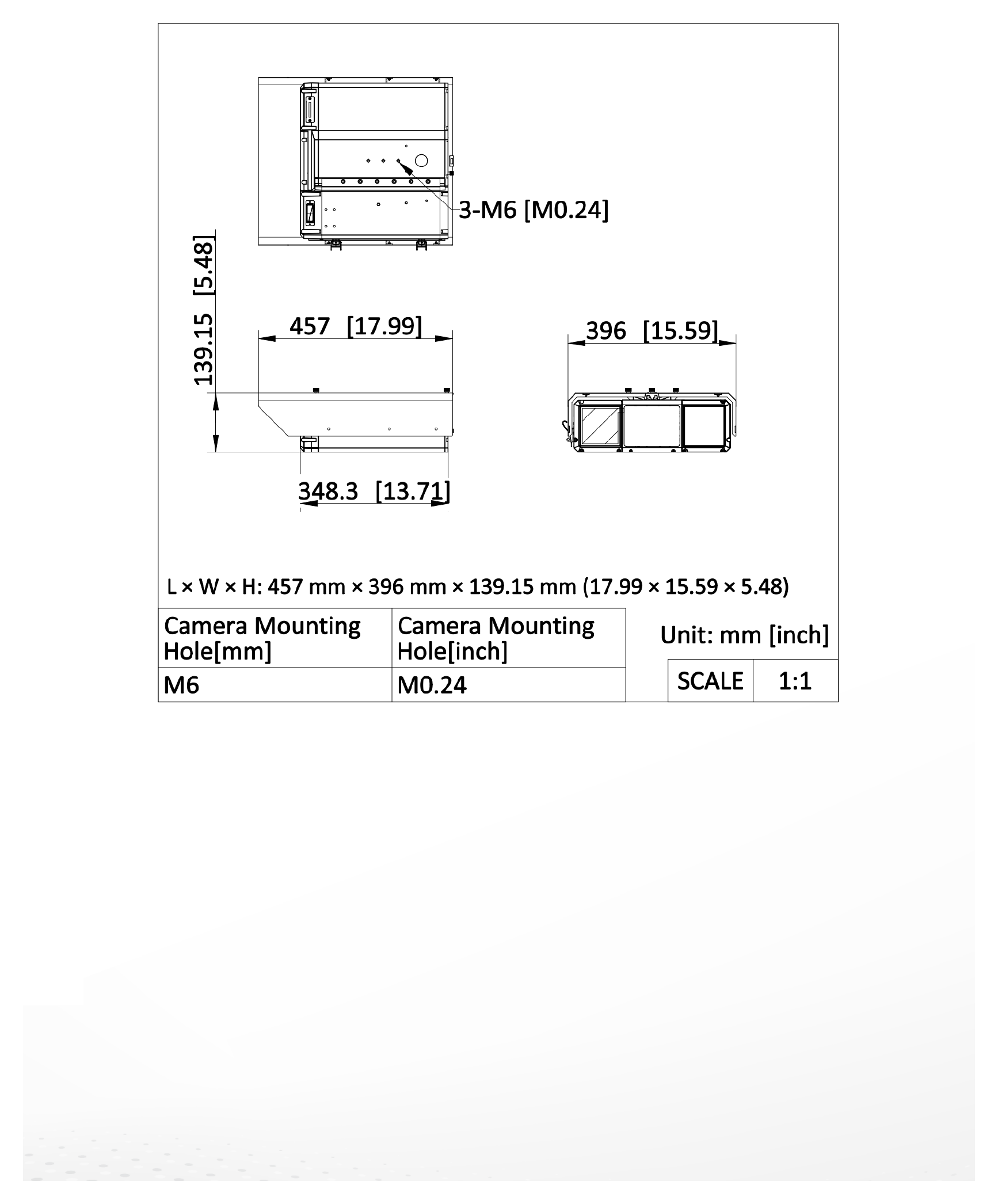 iDS-TCV507-HIR 外形尺寸圖 457 mm × 396 mm × 139.15 mm (17.99" × 15.59" × 5.48") (L × W × H)｜重量 Approx. 8.13 kg (17.9 lb.)｜Unit: mm