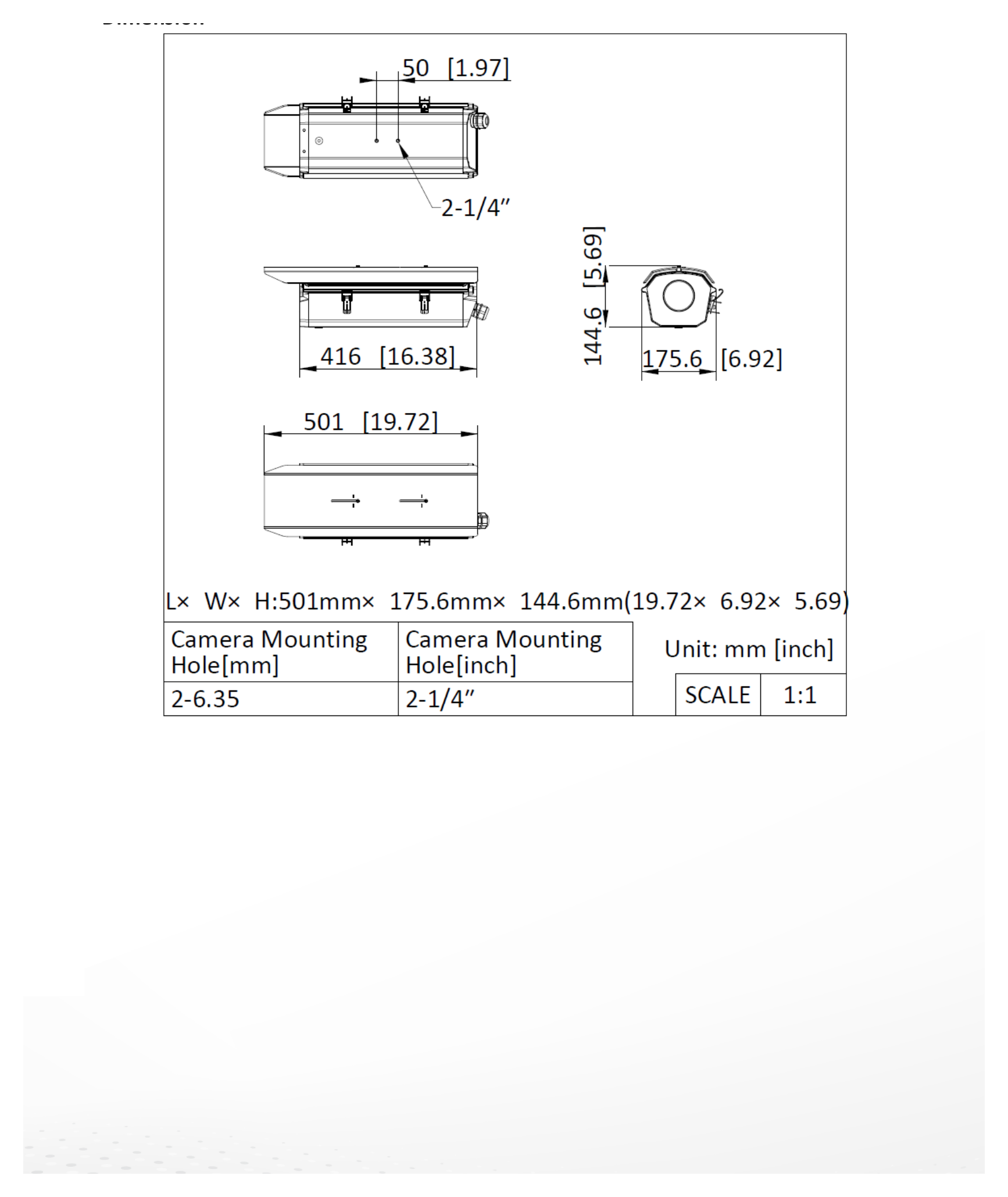 iDS-TCV900-HE 外形尺寸圖 501.0 mm × 175.6 mm × 144.6 mm (19.72" × 6.92" × 5.69") (L × W × H)｜重量 Approx. 5.13 kg (11.31 lb.)｜Unit: mm