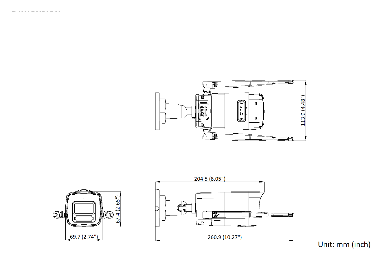 IKS-2042BH-PH/W 外形尺寸圖 260.9 mm × 113.9 mm × 67.4 mm (10.3" × 4.5" × 2.7")｜重量 305 g (0.67 lb.)｜Unit: mm