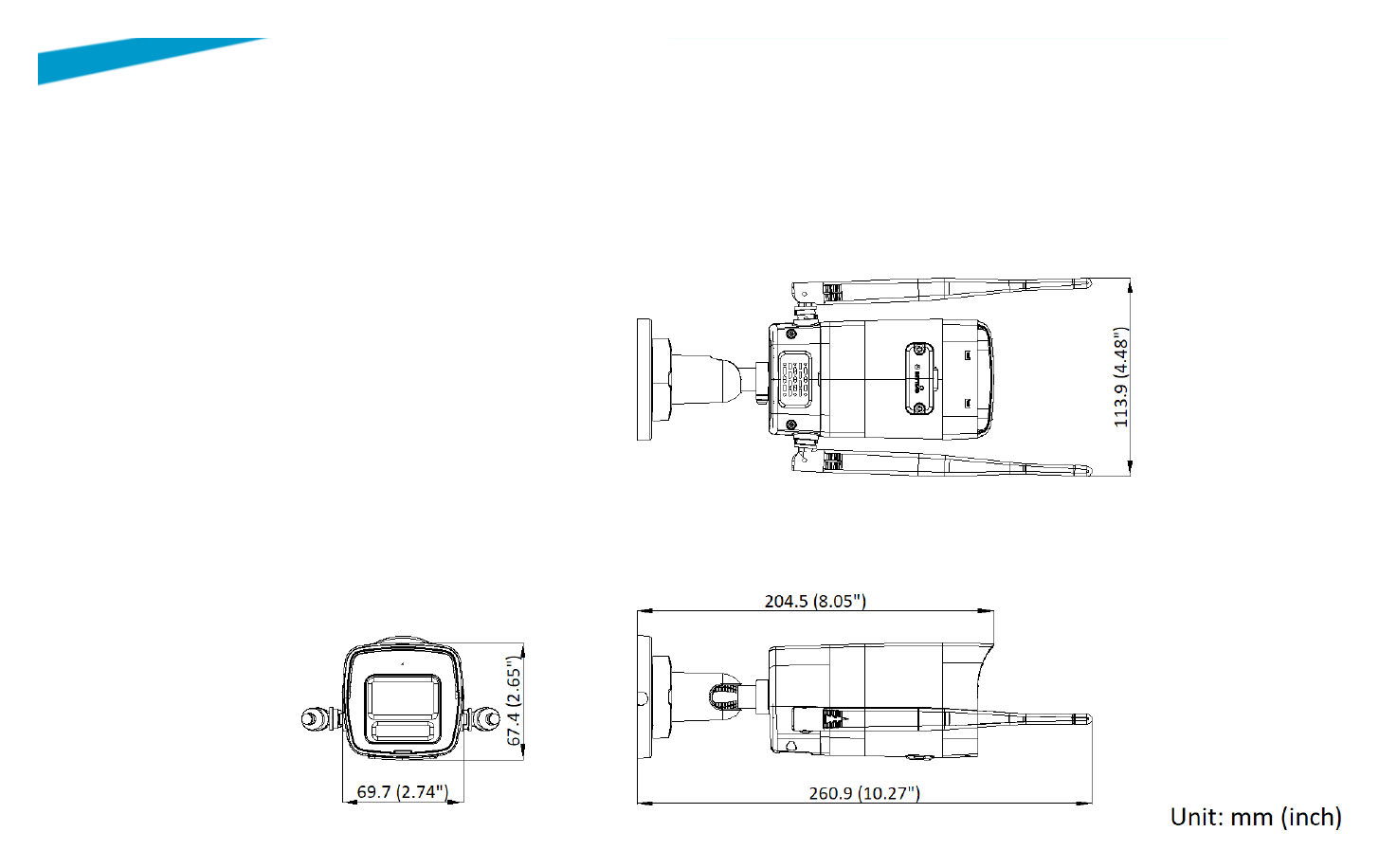 IKS-2044BH-PH/W 外形尺寸圖 260.9 mm × 113.9 mm × 67.4 mm (10.3" × 4.5" × 2.7")｜重量 305 g (0.67 lb.)｜Unit: mm