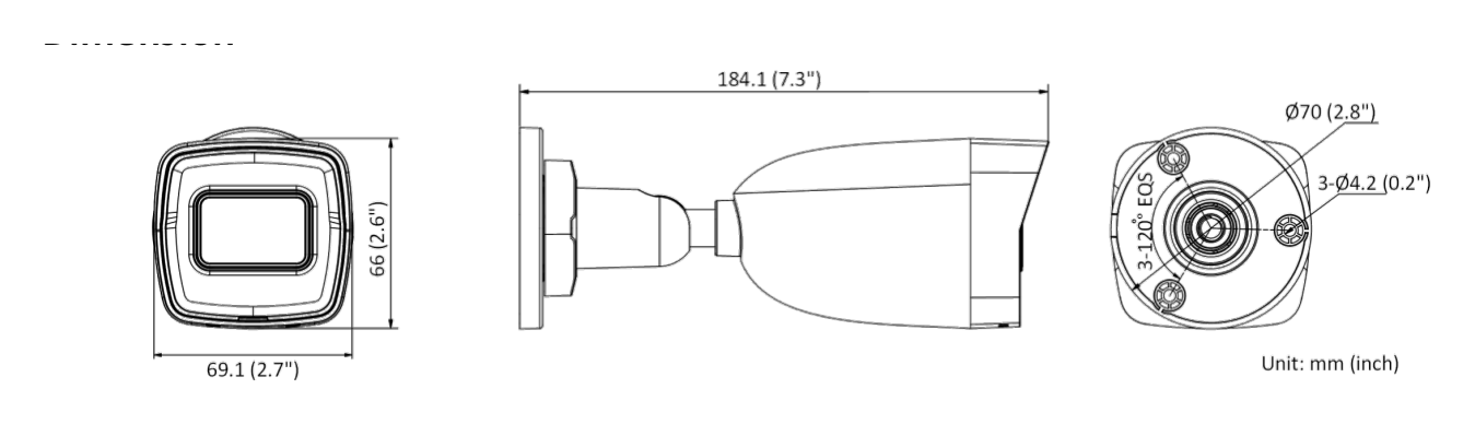 IPC-B120HA-LU 外形尺寸圖 184.1 mm × 66 mm × 69.1 mm (7.3
